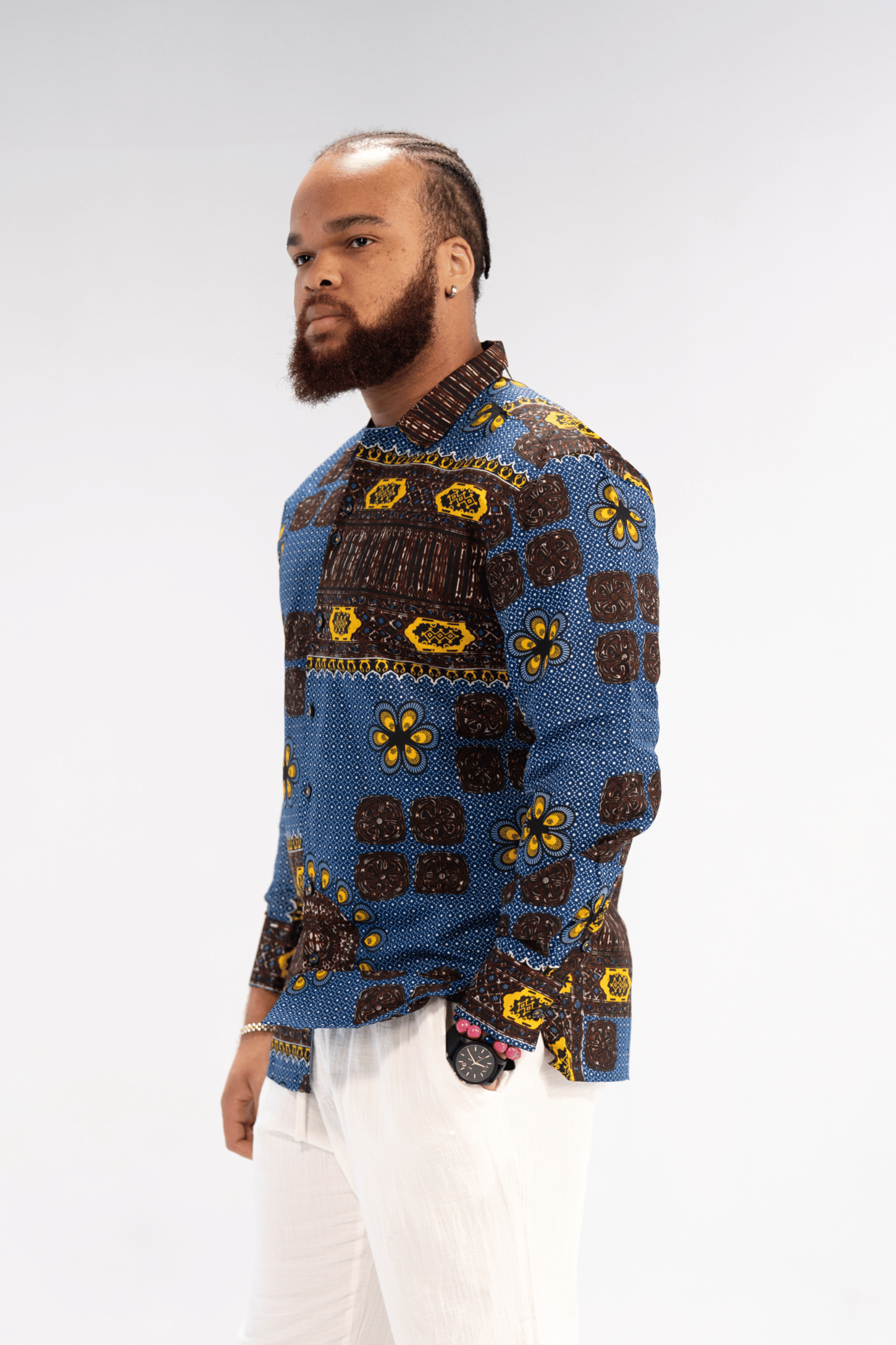 Nsibidi Elegance Men's African Print Shirt (Blue Multipattern)