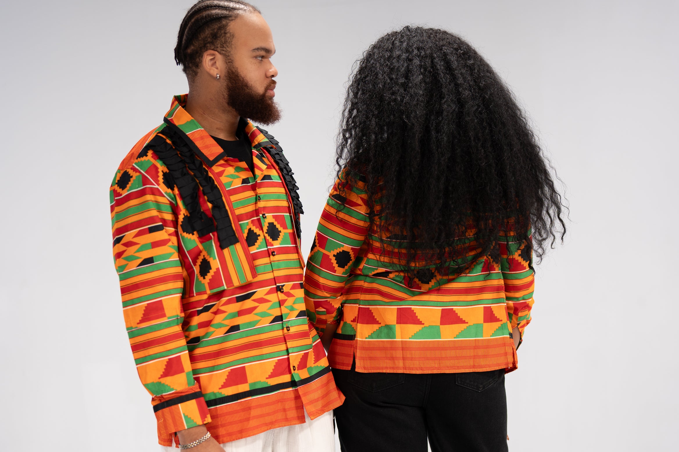 Amobi and Ginika Men’s African Print Shirt (Yellow Black Green Kante)-Family Collection