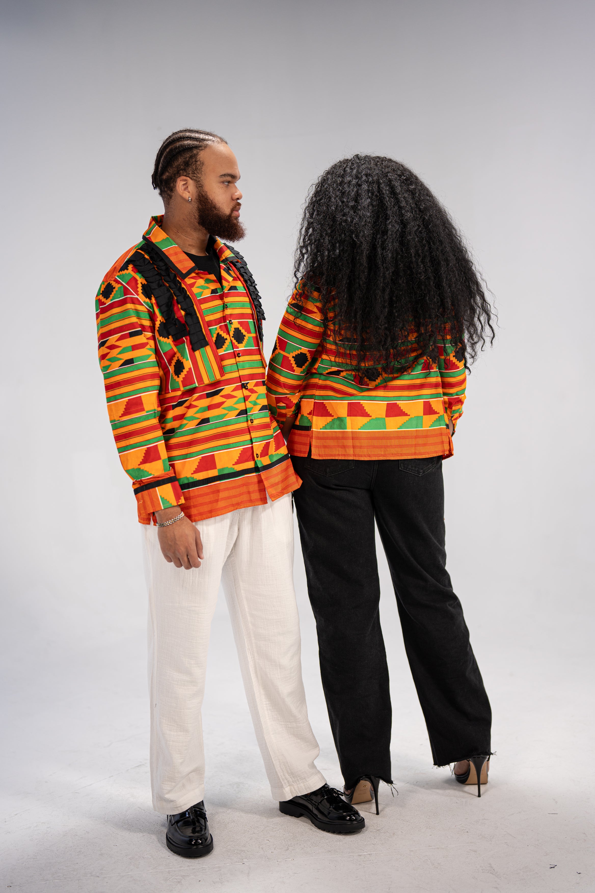 Amobi and Ginika Men’s African Print Shirt (Yellow Black Green Kante)-Family Collection