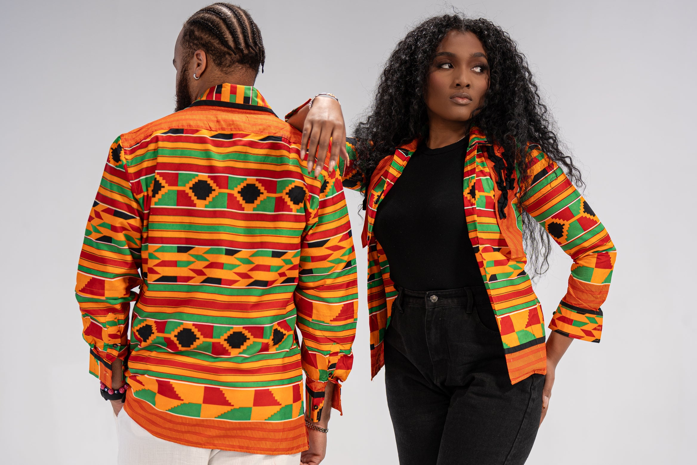 Amobi and Ginika Men’s African Print Shirt (Yellow Black Green Kante)-Family Collection