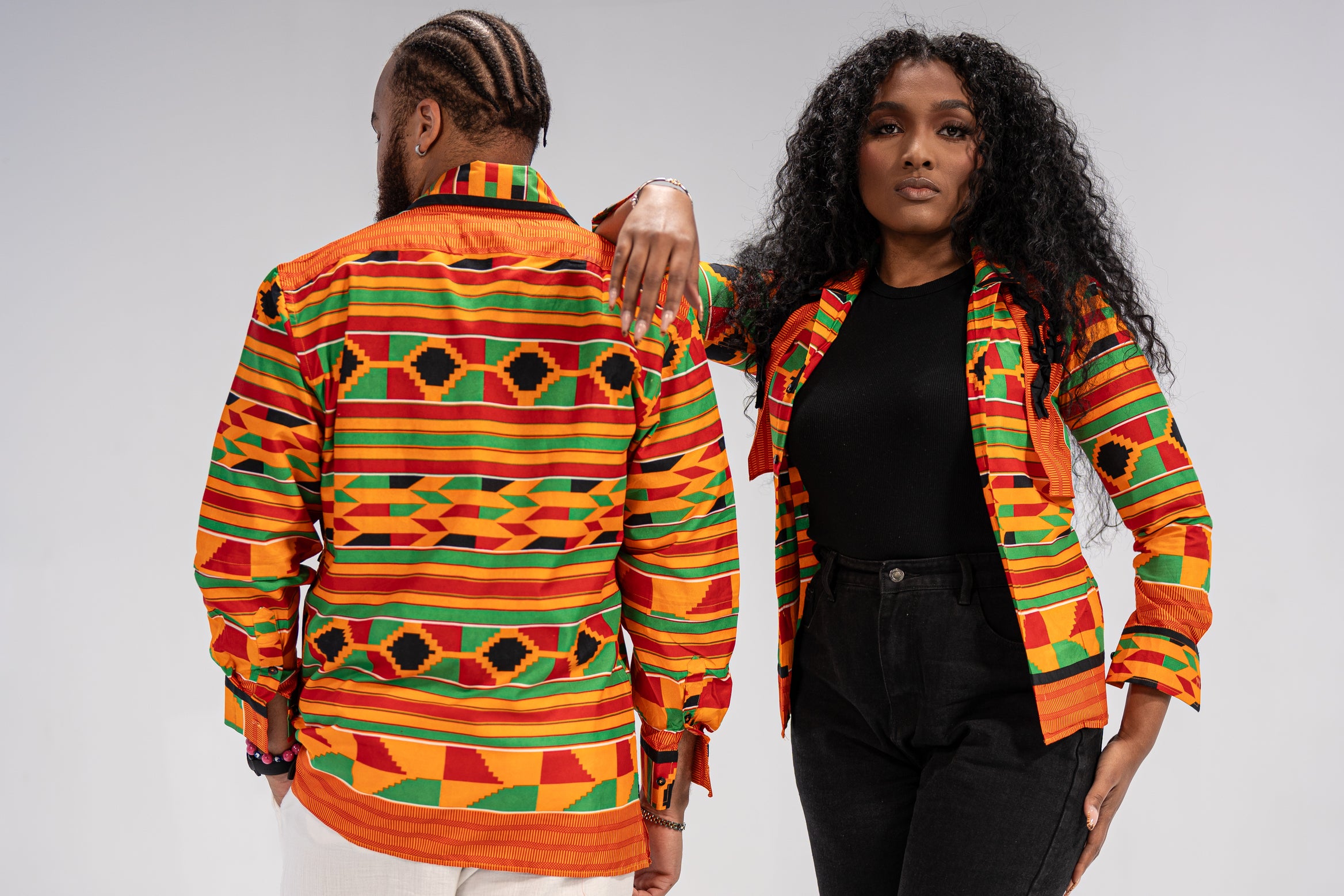 Amobi and Ginika Men’s African Print Shirt (Yellow Black Green Kante)-Family Collection