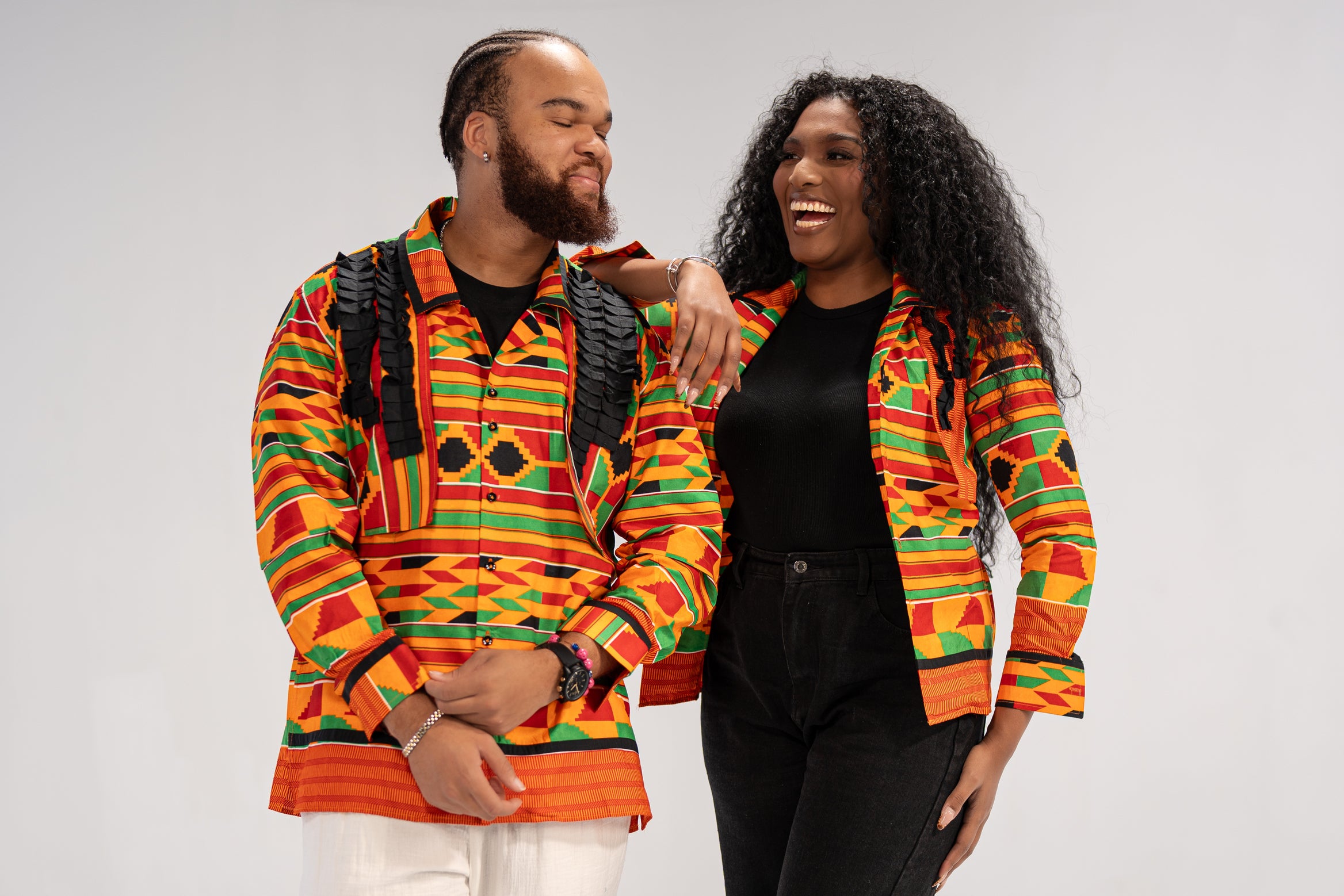 Amobi and Ginika Men’s African Print Shirt (Yellow Black Green Kante)-Family Collection