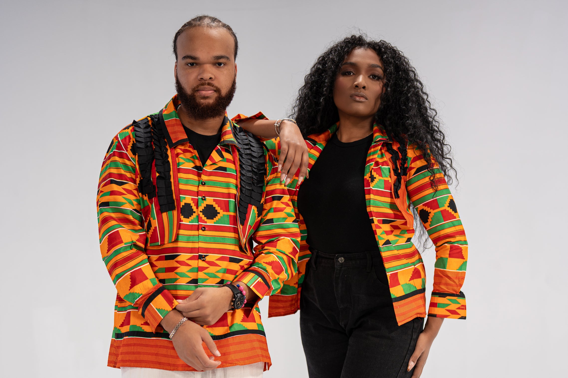 Amobi and Ginika Men’s African Print Shirt (Yellow Black Green Kante)-Family Collection