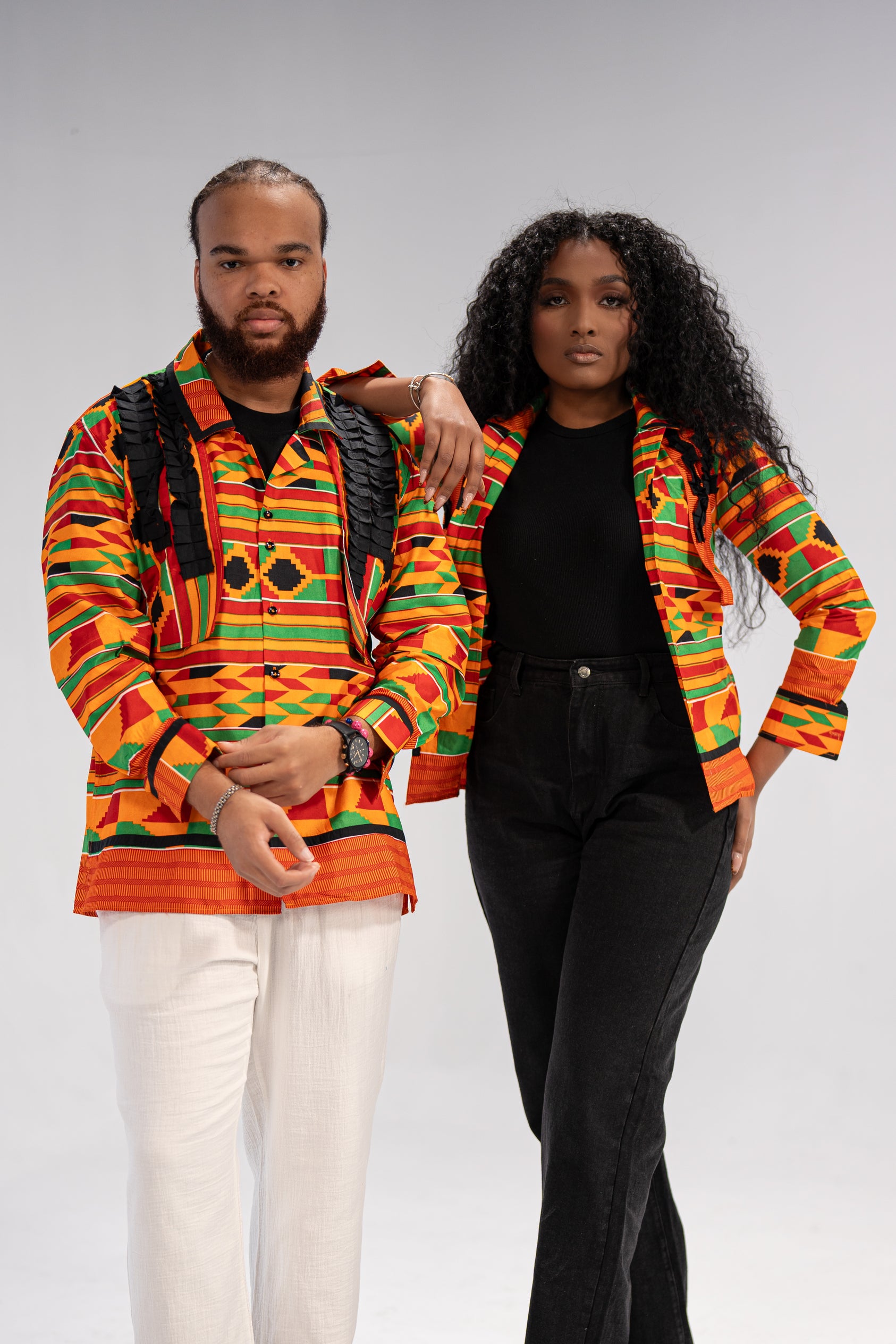 Amobi and Ginika Men’s African Print Shirt (Yellow Black Green Kante)-Family Collection