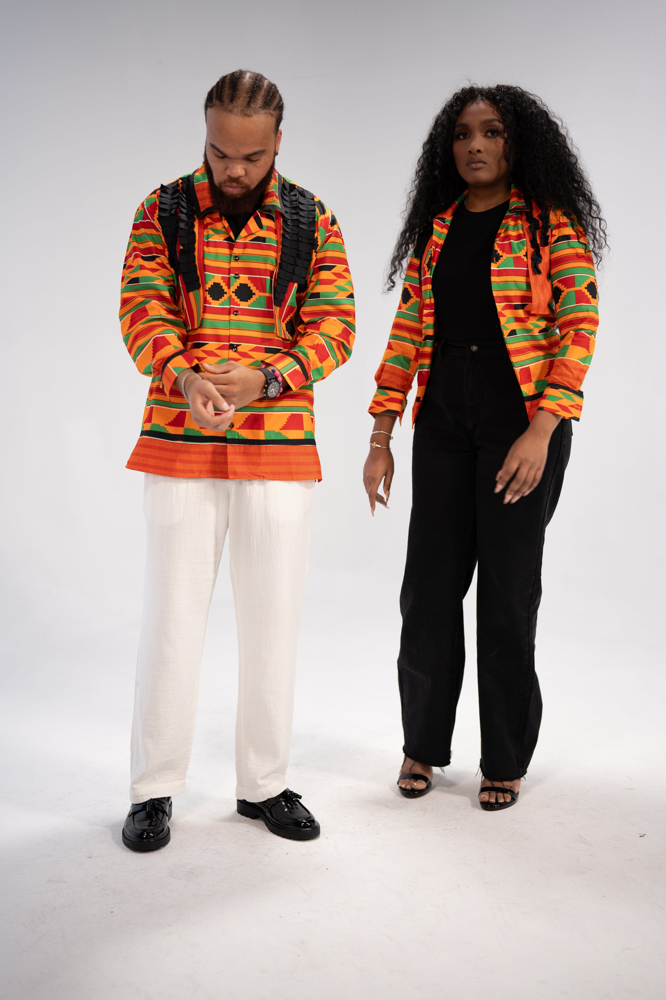 Amobi and Ginika Men’s African Print Shirt (Yellow Black Green Kante)-Family Collection