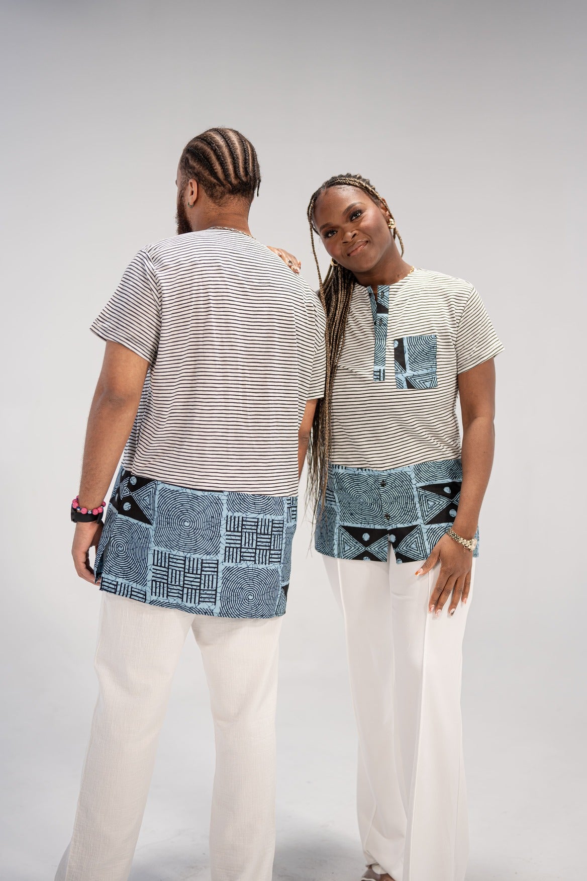 Adaku and Afam Men's And Women's African Print T-shirt (Blue/ White Mudcloth)-Family Collection