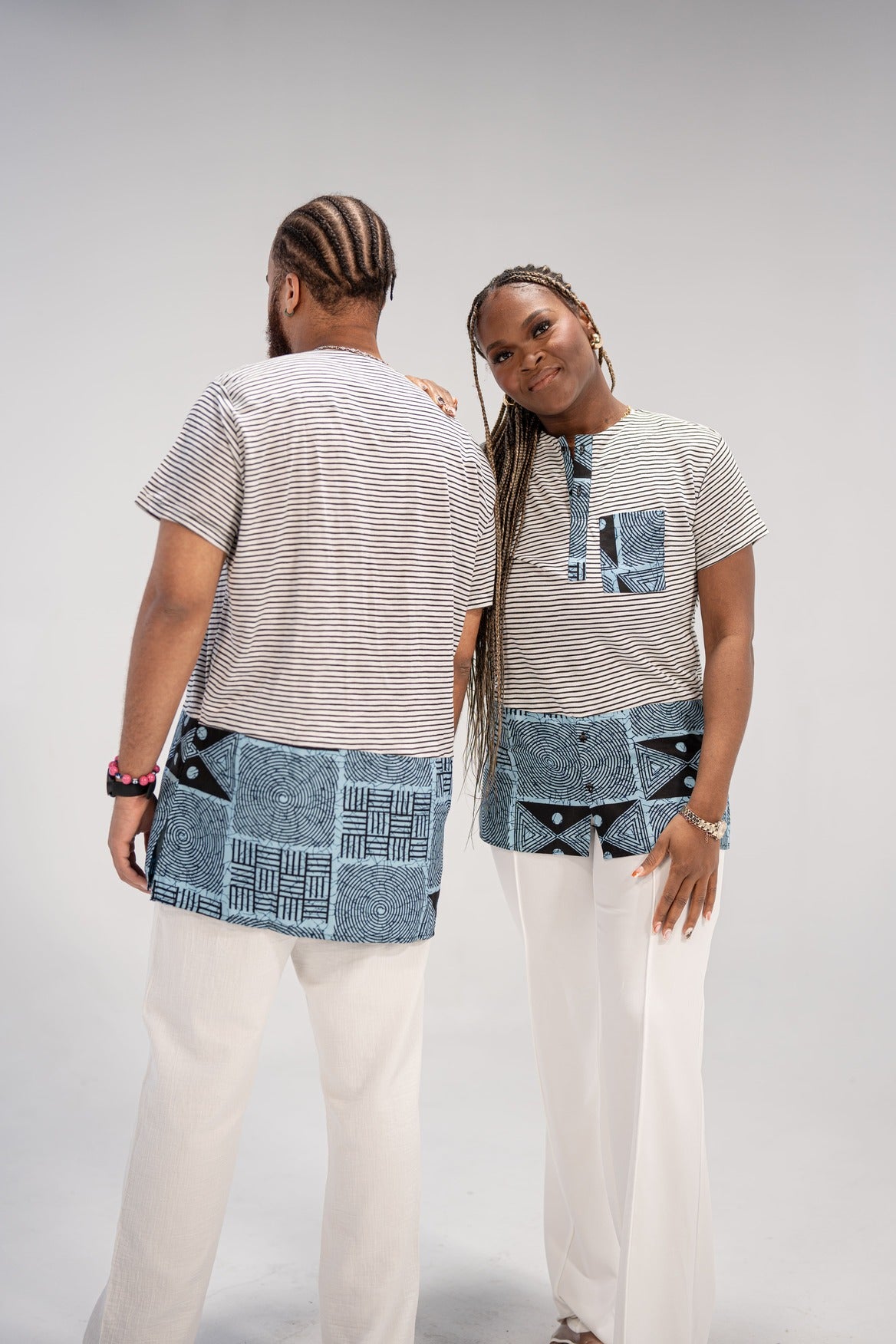 Adaku and Afam Men's And Women's African Print T-shirt (Blue/ White Mudcloth)-Family Collection