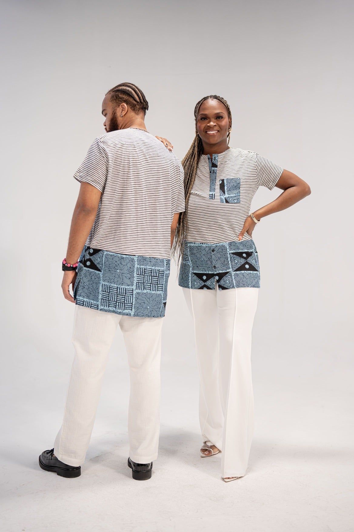 Adaku and Afam Men's And Women's African Print T-shirt (Blue/ White Mudcloth)-Family Collection
