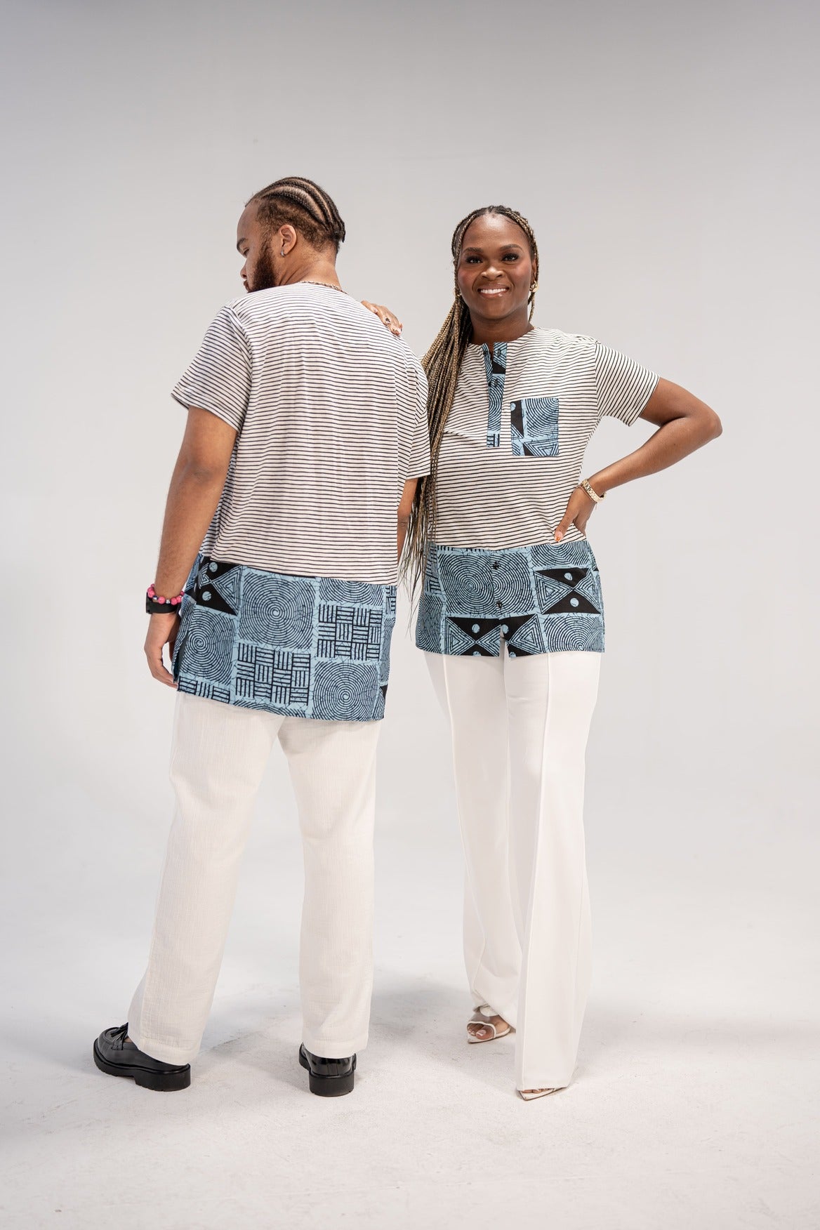 Adaku and Afam Men's And Women's African Print T-shirt (Blue/ White Mudcloth)-Family Collection
