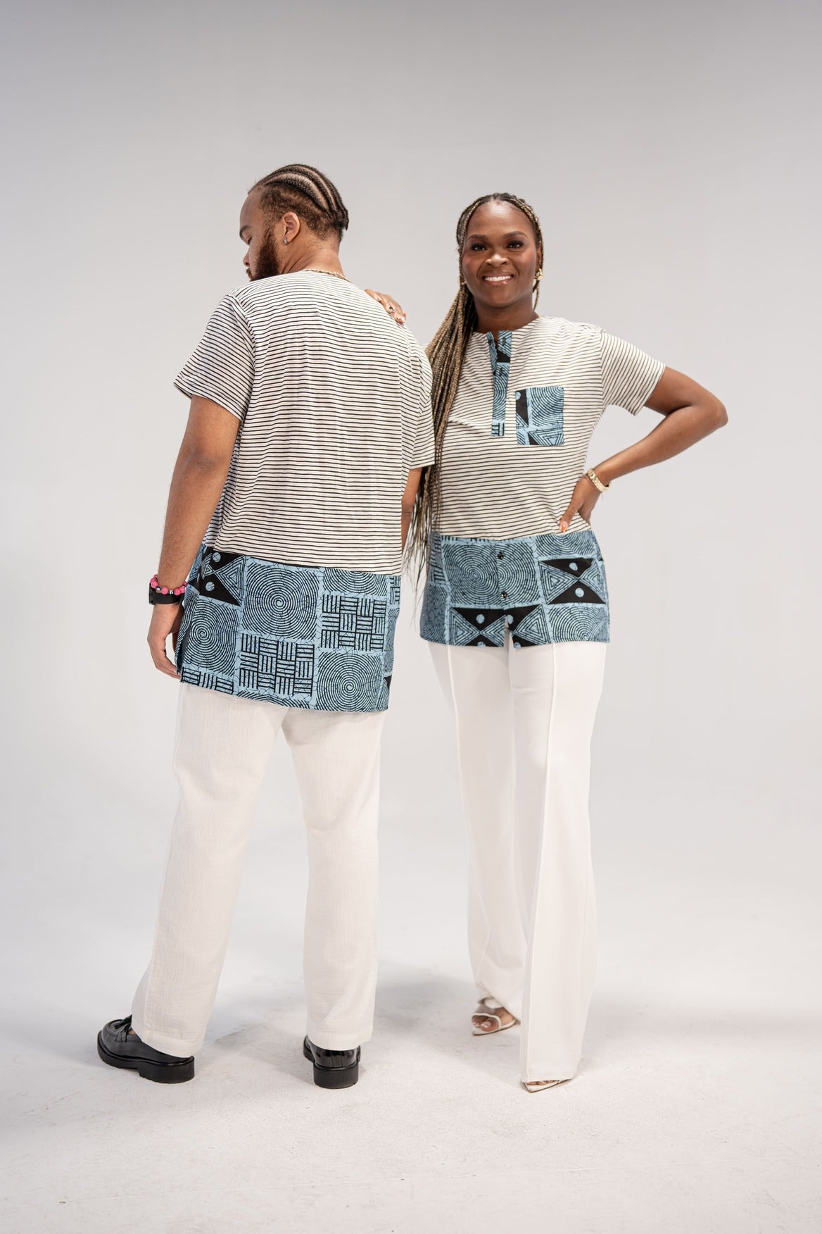 Adaku and Afam Men's And Women's African Print T-shirt (Blue/ White Mudcloth)-Family Collection