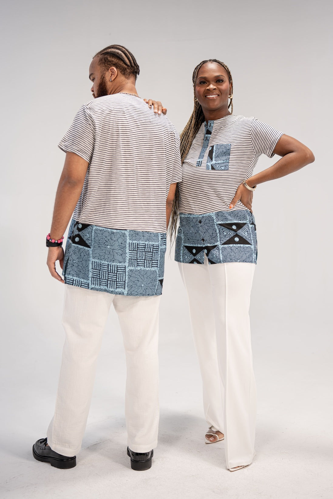 Adaku and Afam Men's And Women's African Print T-shirt (Blue/ White Mudcloth)-Family Collection