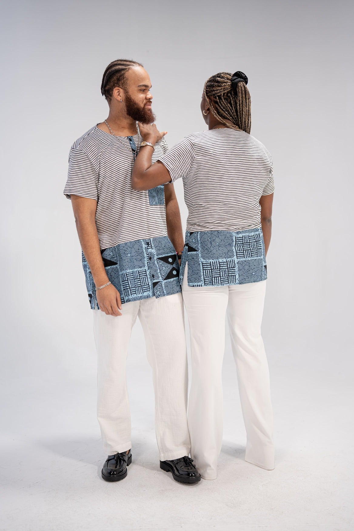 Adaku and Afam Men's And Women's African Print T-shirt (Blue/ White Mudcloth)-Family Collection