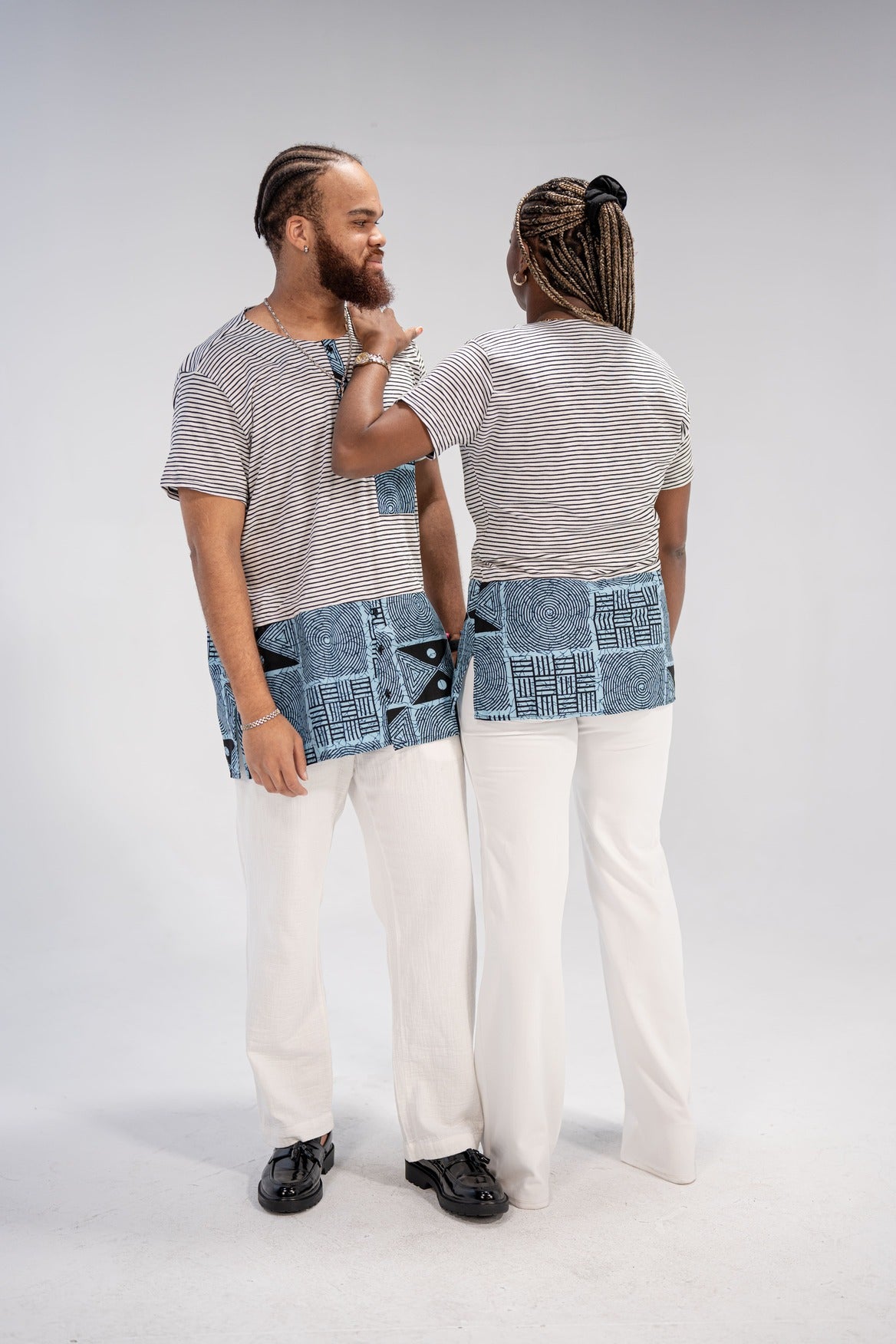 Adaku and Afam Men's And Women's African Print T-shirt (Blue/ White Mudcloth)-Family Collection