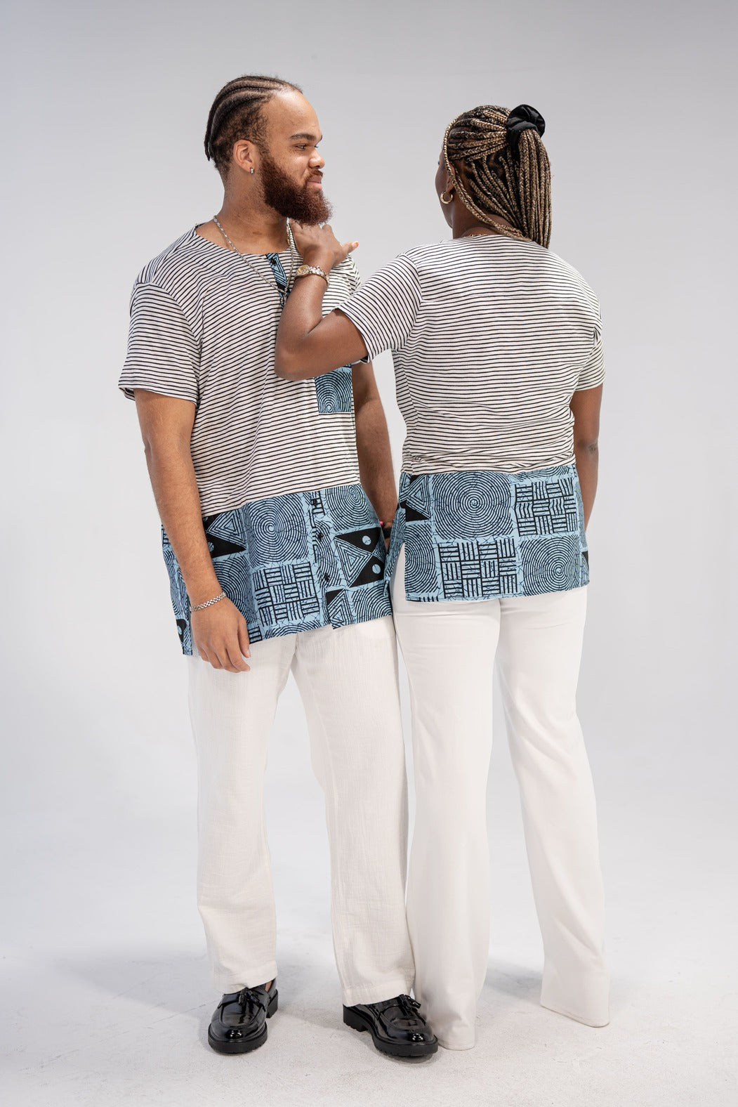 Adaku and Afam Men's And Women's African Print T-shirt (Blue/ White Mudcloth)-Family Collection