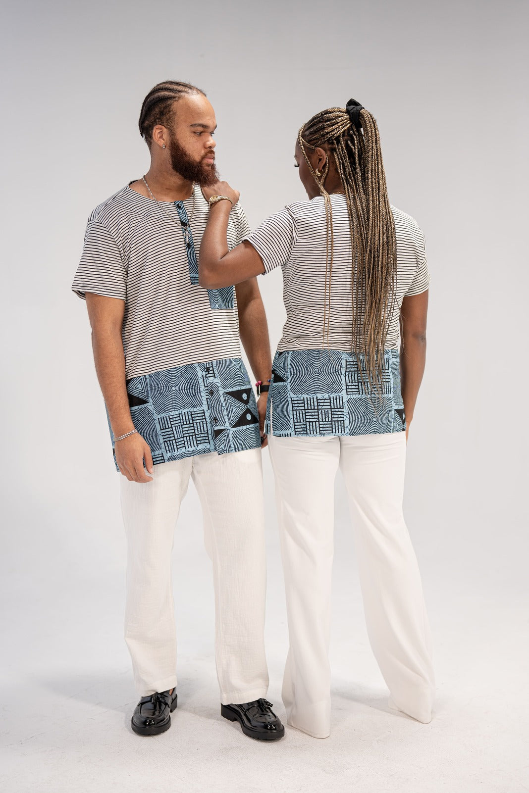 Adaku and Afam Men's And Women's African Print T-shirt (Blue/ White Mudcloth)-Family Collection