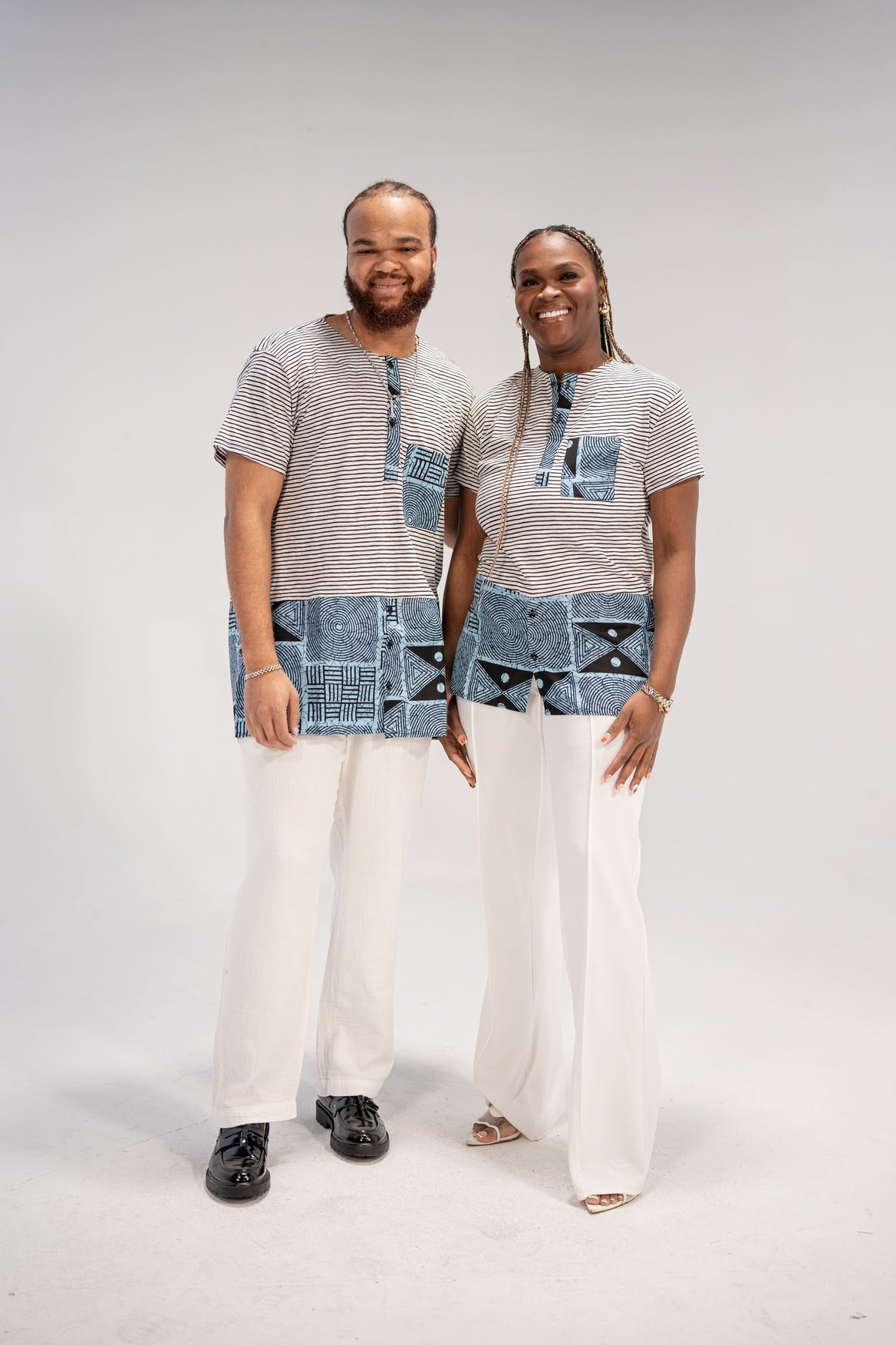 Adaku and Afam Men's And Women's African Print T-shirt (Blue/ White Mudcloth)-Family Collection