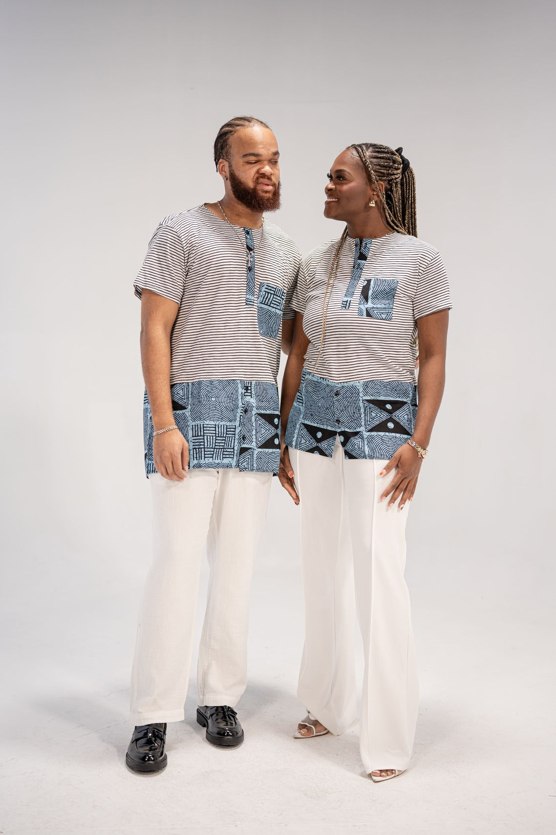 Adaku and Afam Men's And Women's African Print T-shirt (Blue/ White Mudcloth)-Family Collection