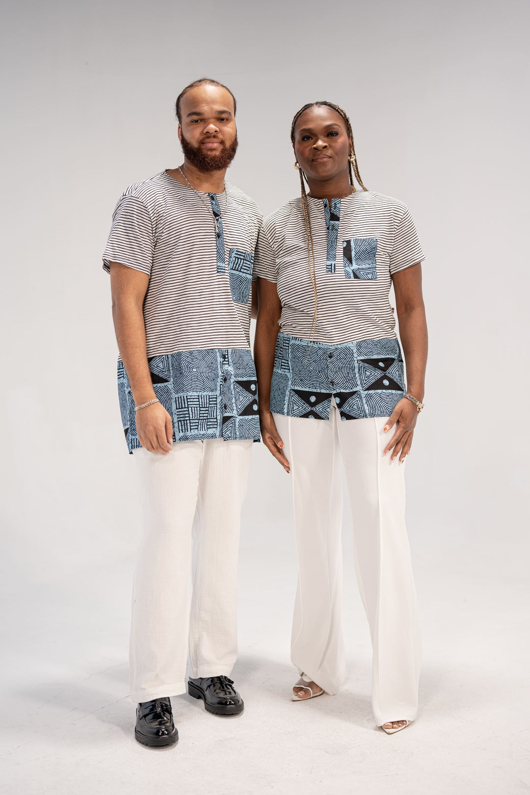 Adaku and Afam Men's And Women's African Print T-shirt (Blue/ White Mudcloth)-Family Collection