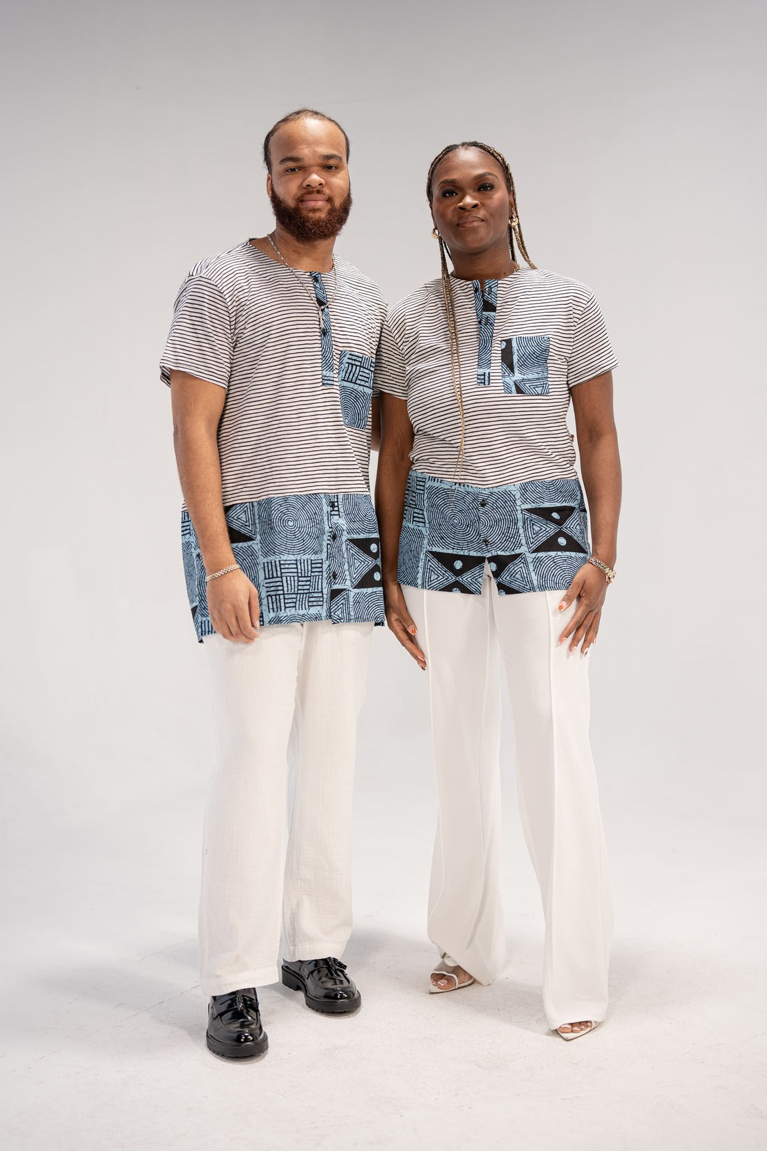 Adaku and Afam Men's And Women's African Print T-shirt (Blue/ White Mudcloth)-Family Collection