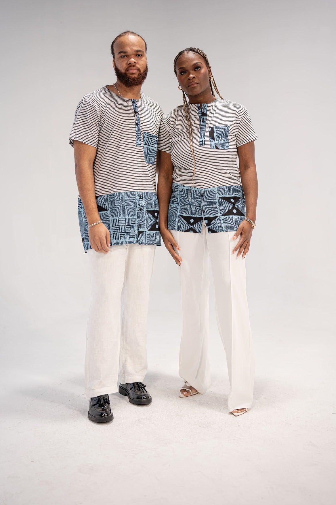 Adaku and Afam Men's And Women's African Print T-shirt (Blue/ White Mudcloth)-Family Collection