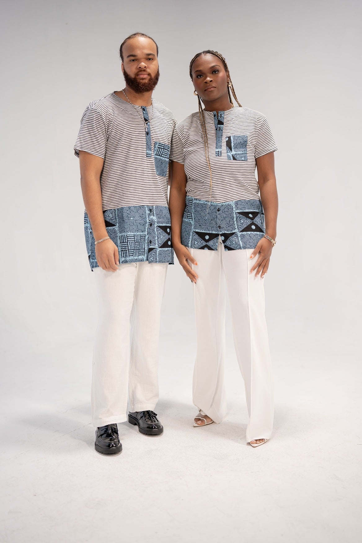 Adaku and Afam Men's And Women's African Print T-shirt (Blue/ White Mudcloth)-Family Collection