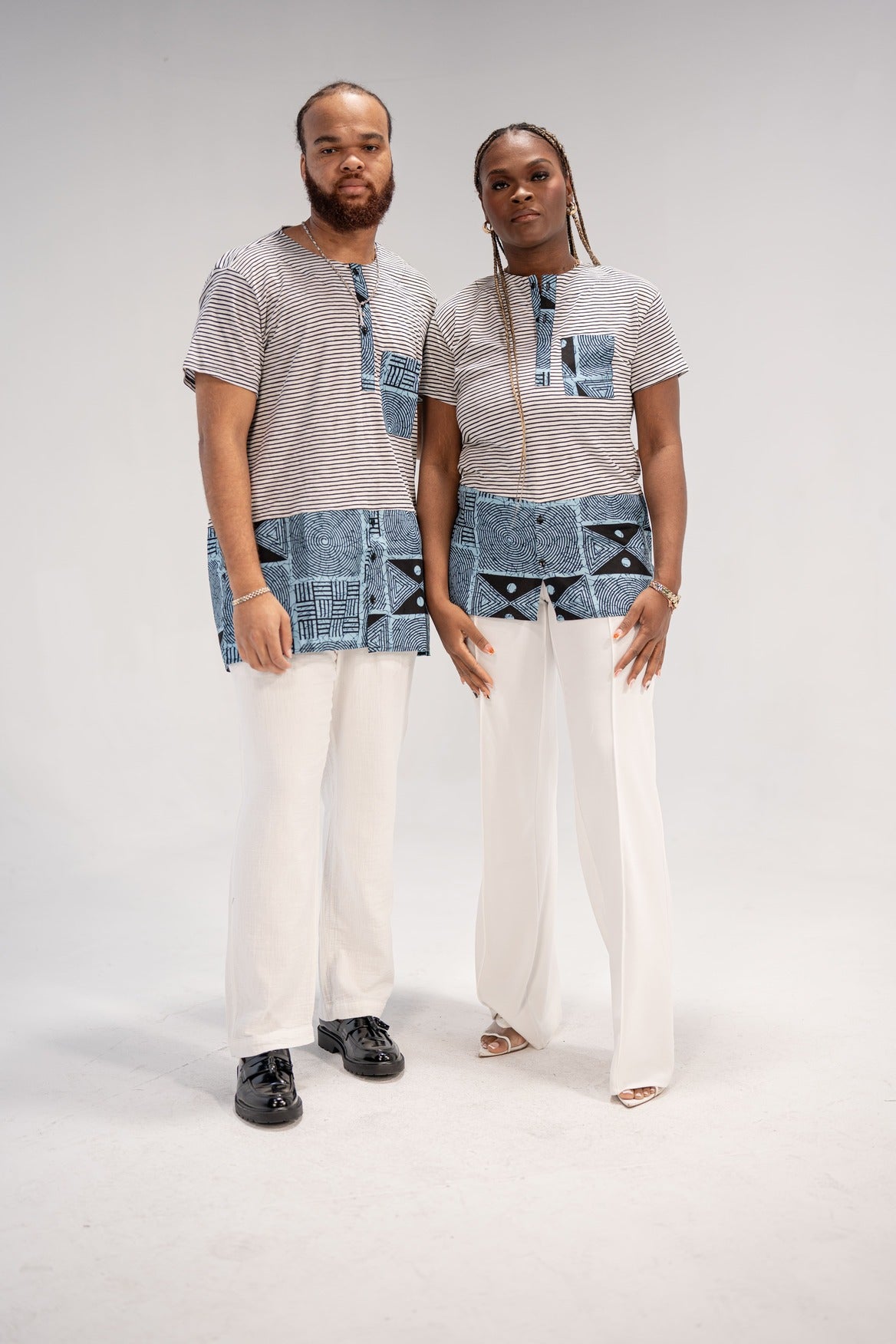 Adaku and Afam Men's And Women's African Print T-shirt (Blue/ White Mudcloth)-Family Collection