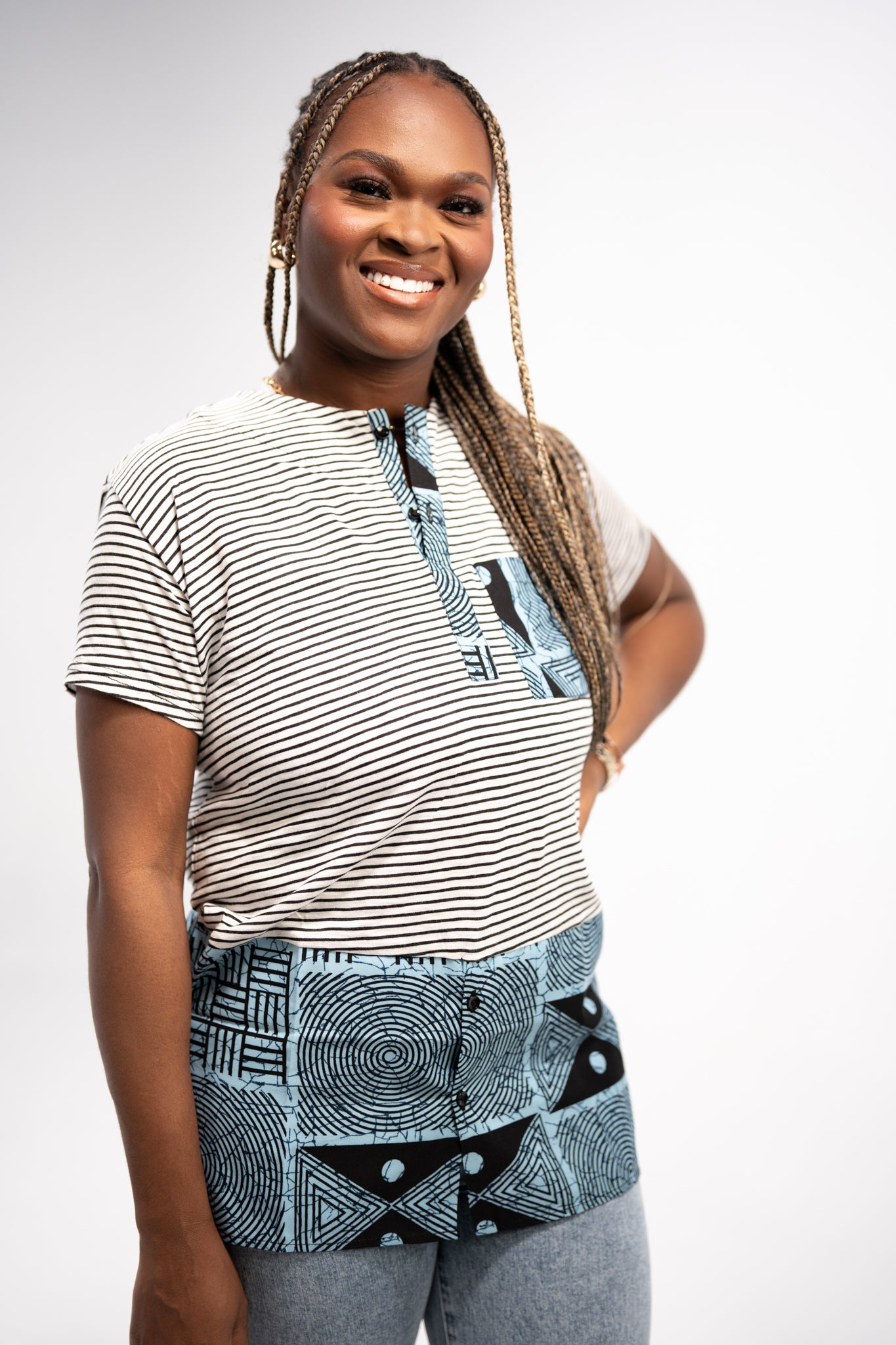 Adaku Women's African Print T-shirt (Blue/ White Mudcloth)