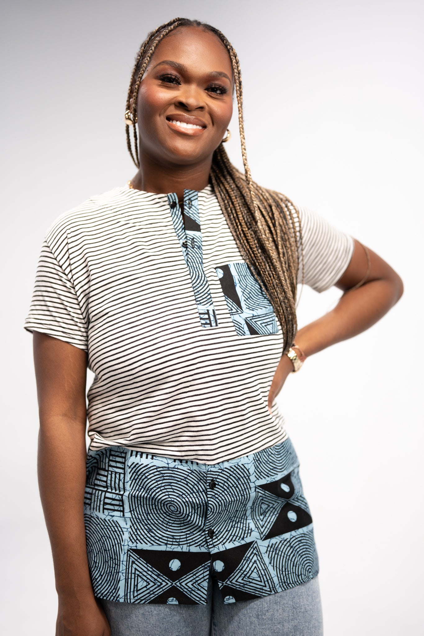 Adaku Women's African Print T-shirt (Blue/ White Mudcloth)