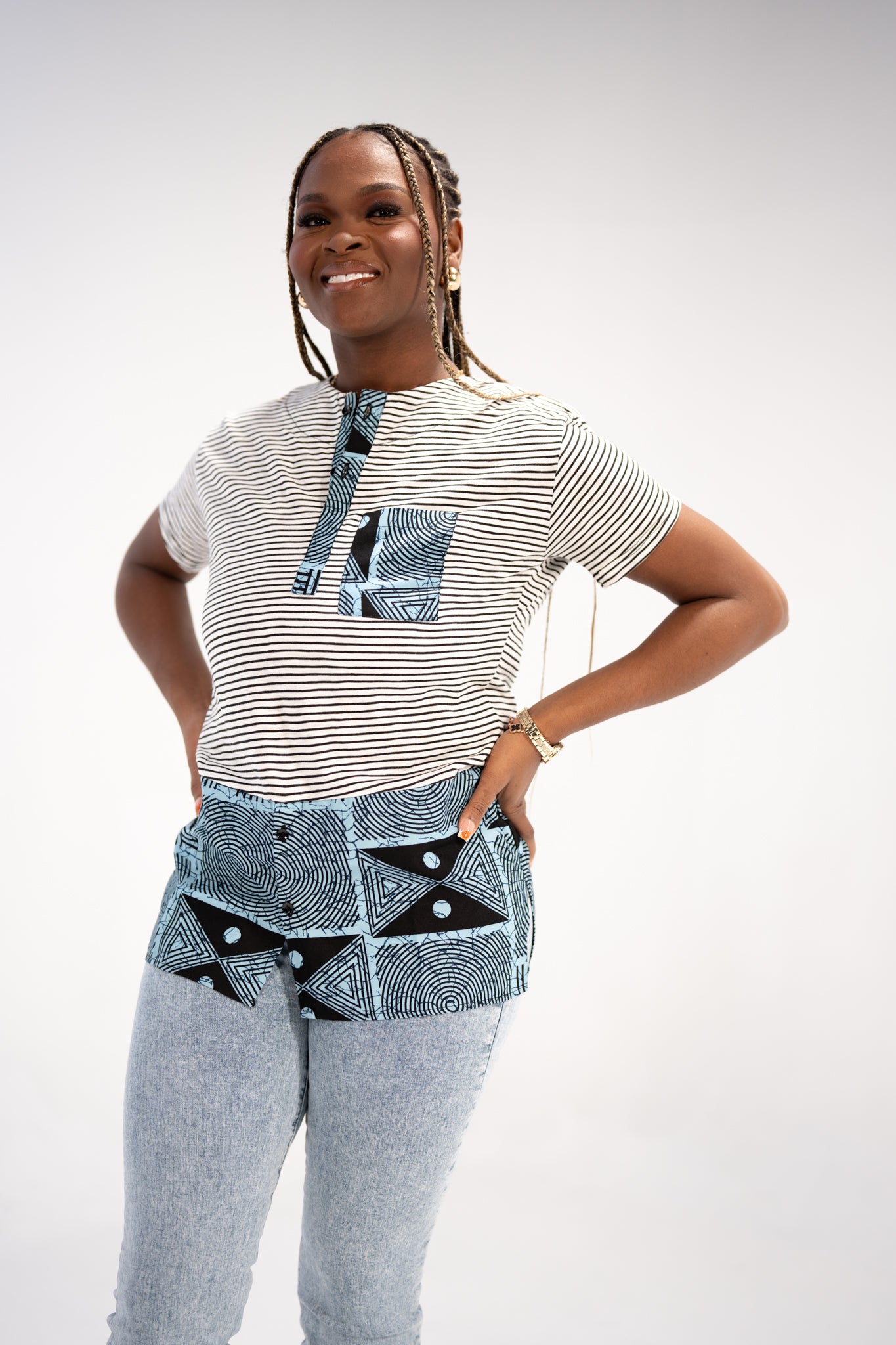 Adaku Women's African Print T-shirt (Blue/ White Mudcloth)