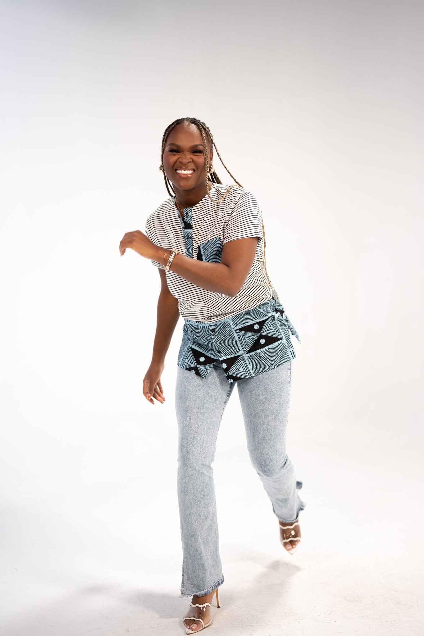 Adaku Women's African Print T-shirt (Blue/ White Mudcloth)