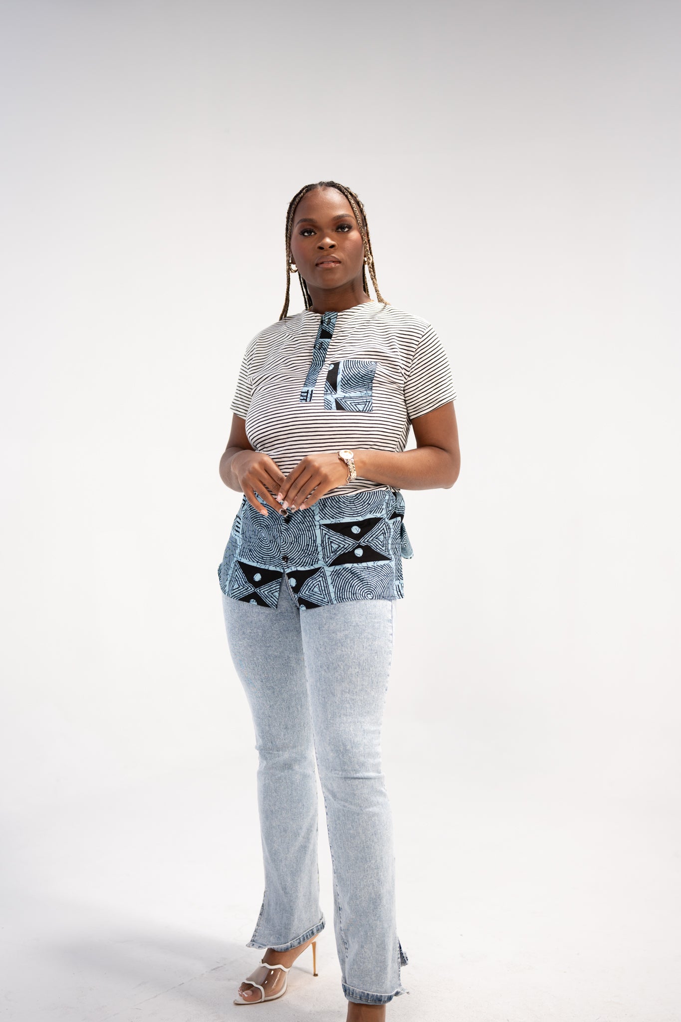 Adaku Women's African Print T-shirt (Blue/ White Mudcloth)