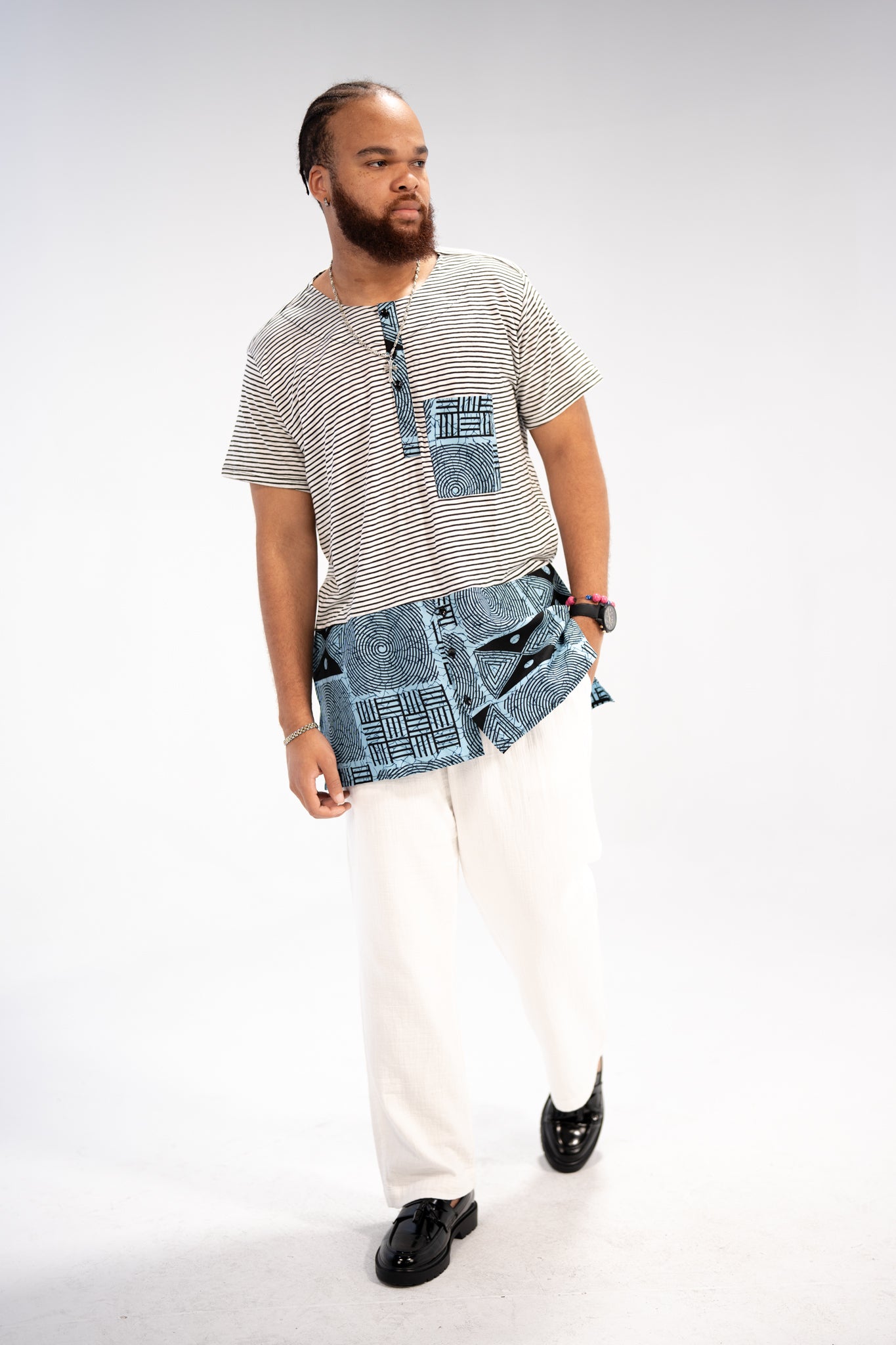 Afam men's African Print T-shirt (Blue/ White Mudcloth)