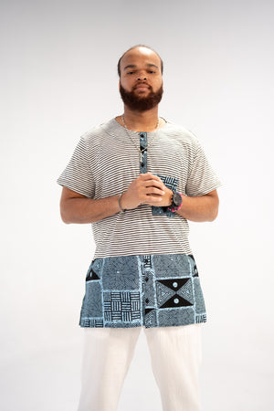 Adaku and Afam Men's And Women's African Print T-shirt (Blue/ White Mudcloth)-Family Collection