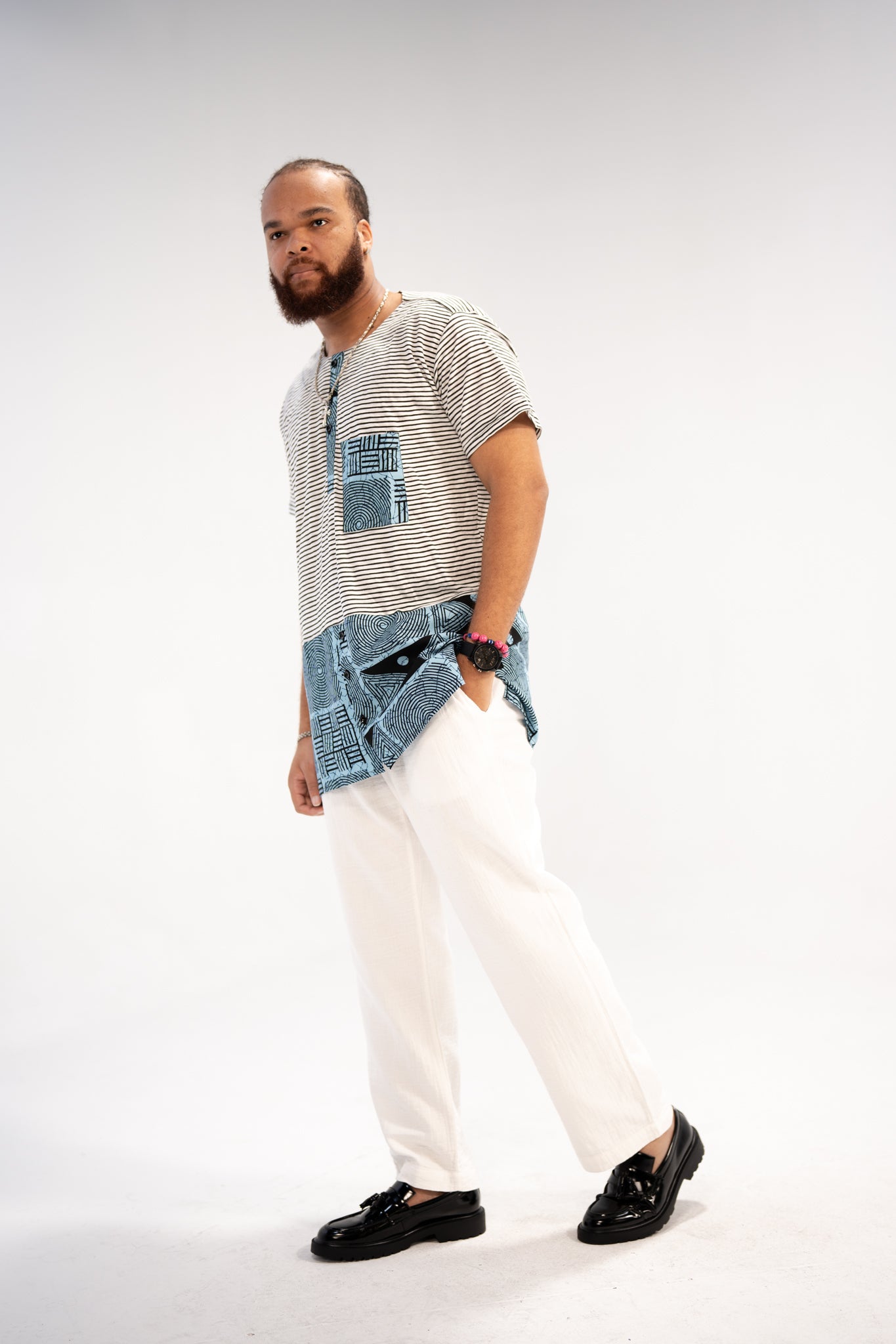 Afam men's African Print T-shirt (Blue/ White Mudcloth)