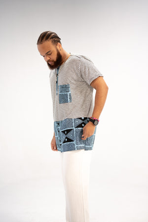 Adaku and Afam Men's And Women's African Print T-shirt (Blue/ White Mudcloth)-Family Collection