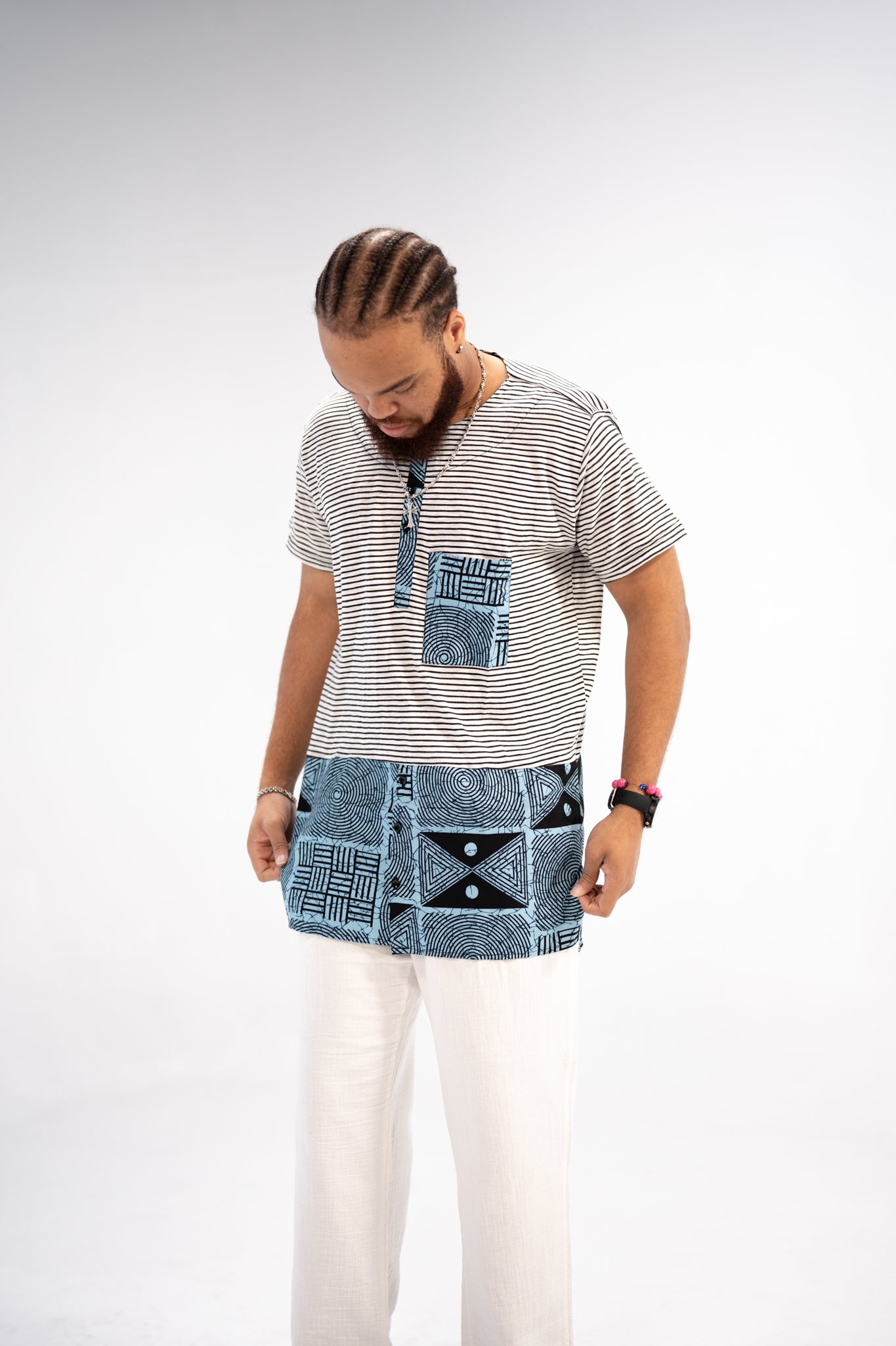 Afam men's African Print T-shirt (Blue/ White Mudcloth)