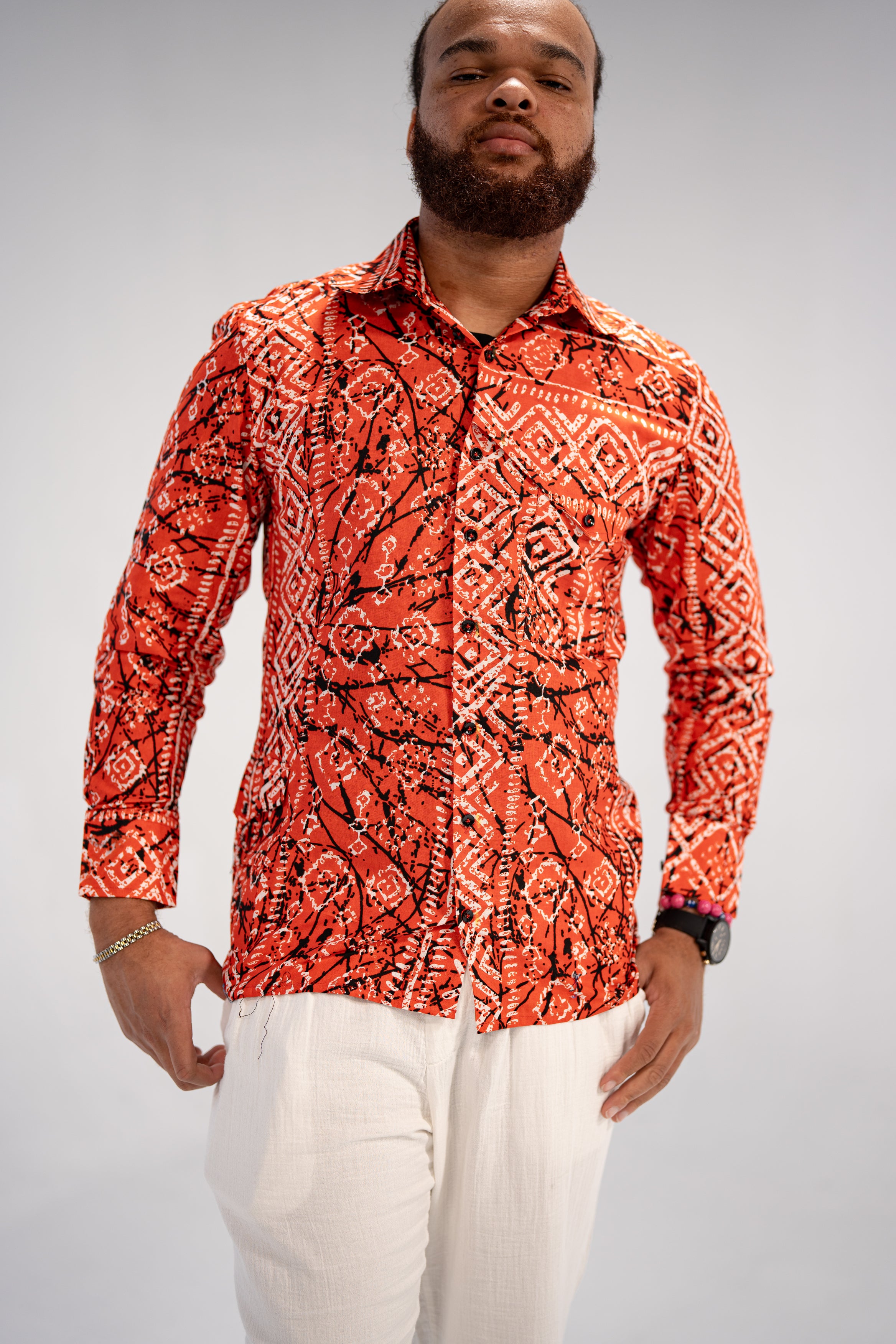 Obafemi Men’s African Print Shirt (Natural Geometric)