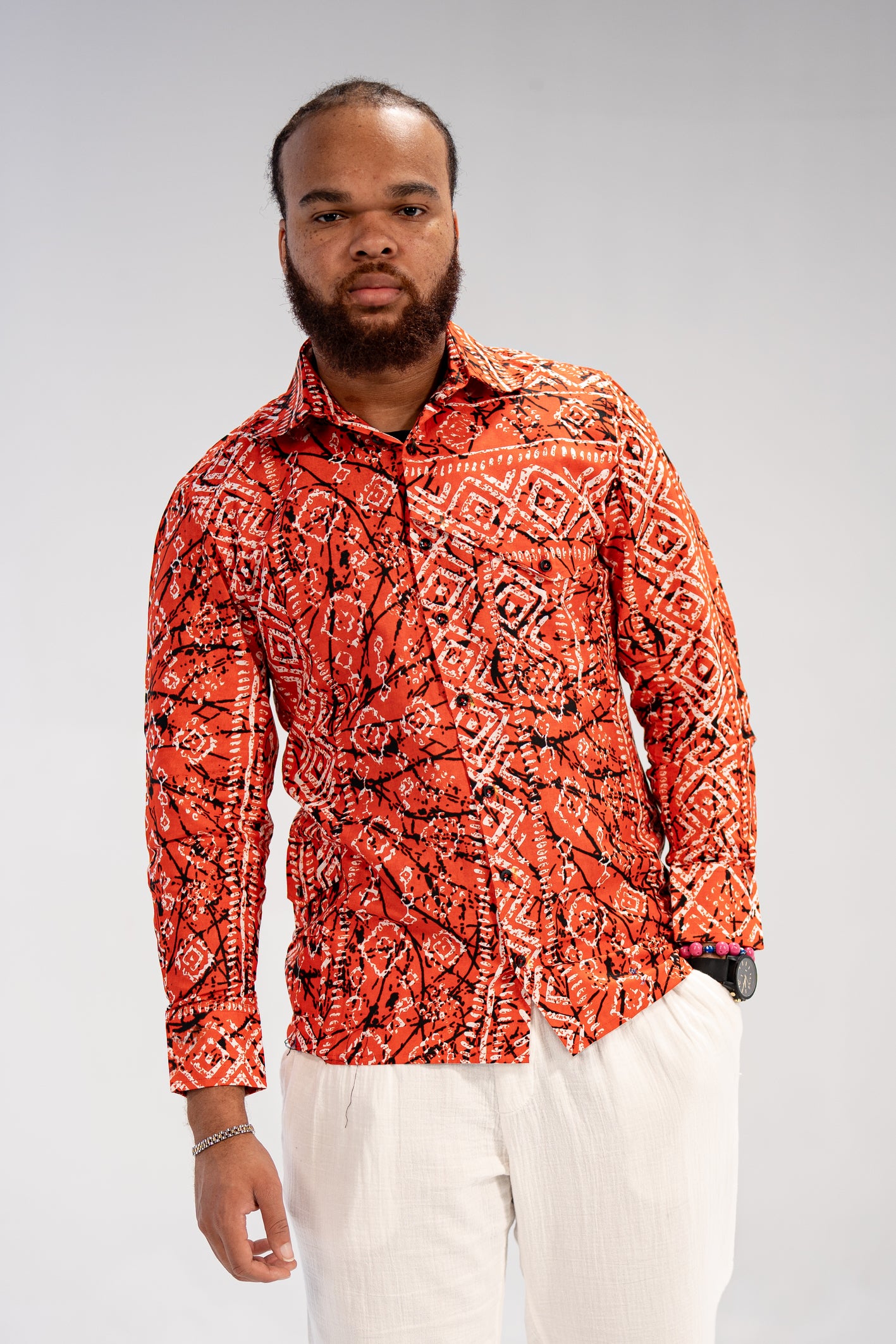 Obafemi Men’s African Print Shirt (Natural Geometric)