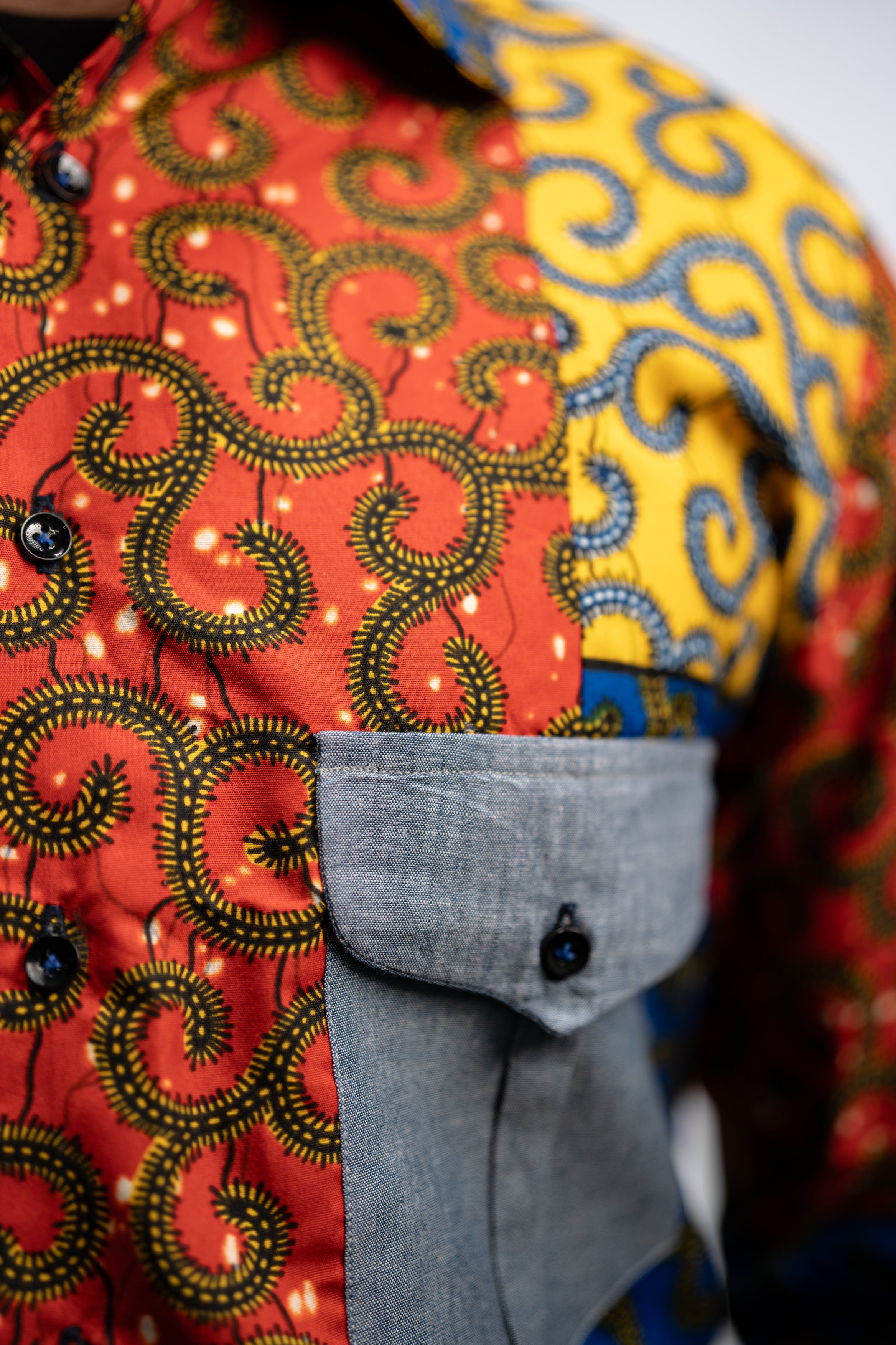 Idowu Men's African Print Button-Up Shirt (Print on Denim)