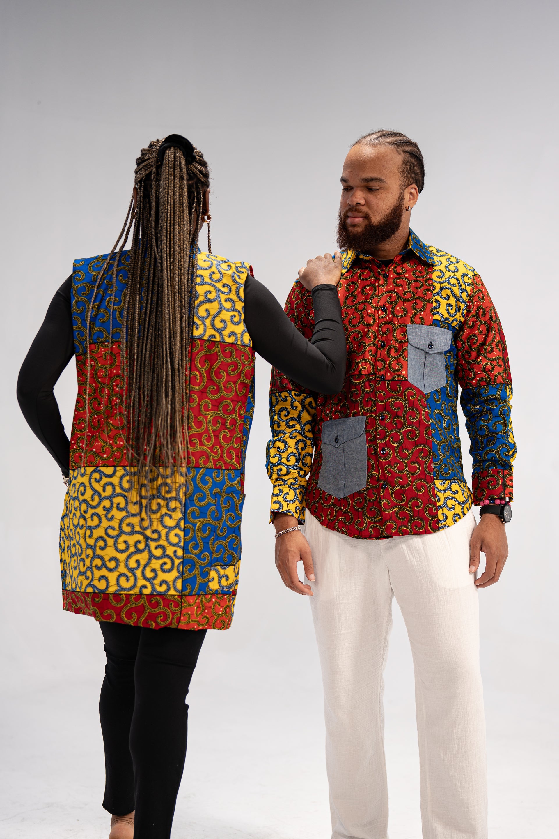 Idowu Men's African Print Button-Up Shirt (Print on Denim)