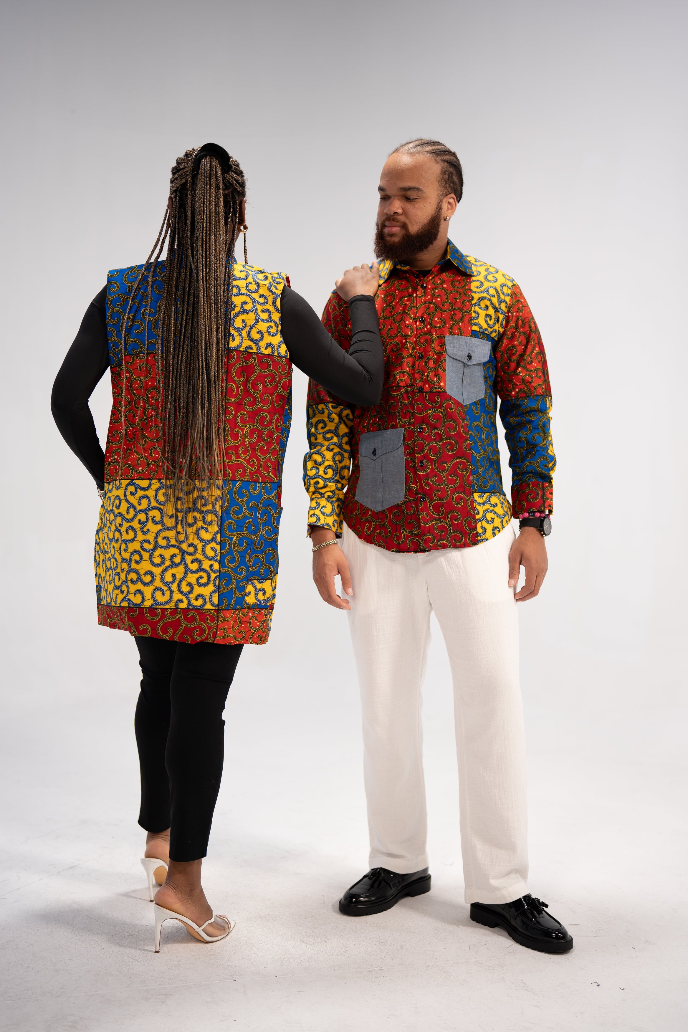 Idowu Men's African Print Button-Up Shirt (Print on Denim)