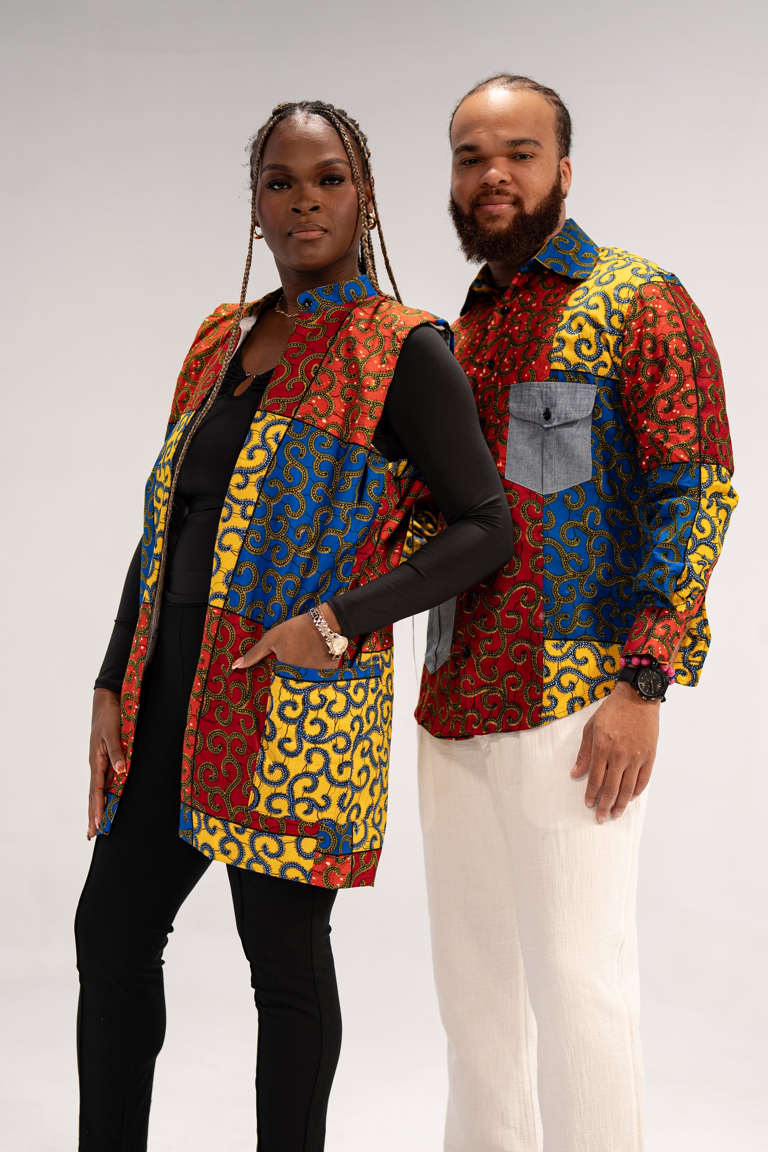Idowu Men's African Print Button-Up Shirt (Print on Denim)