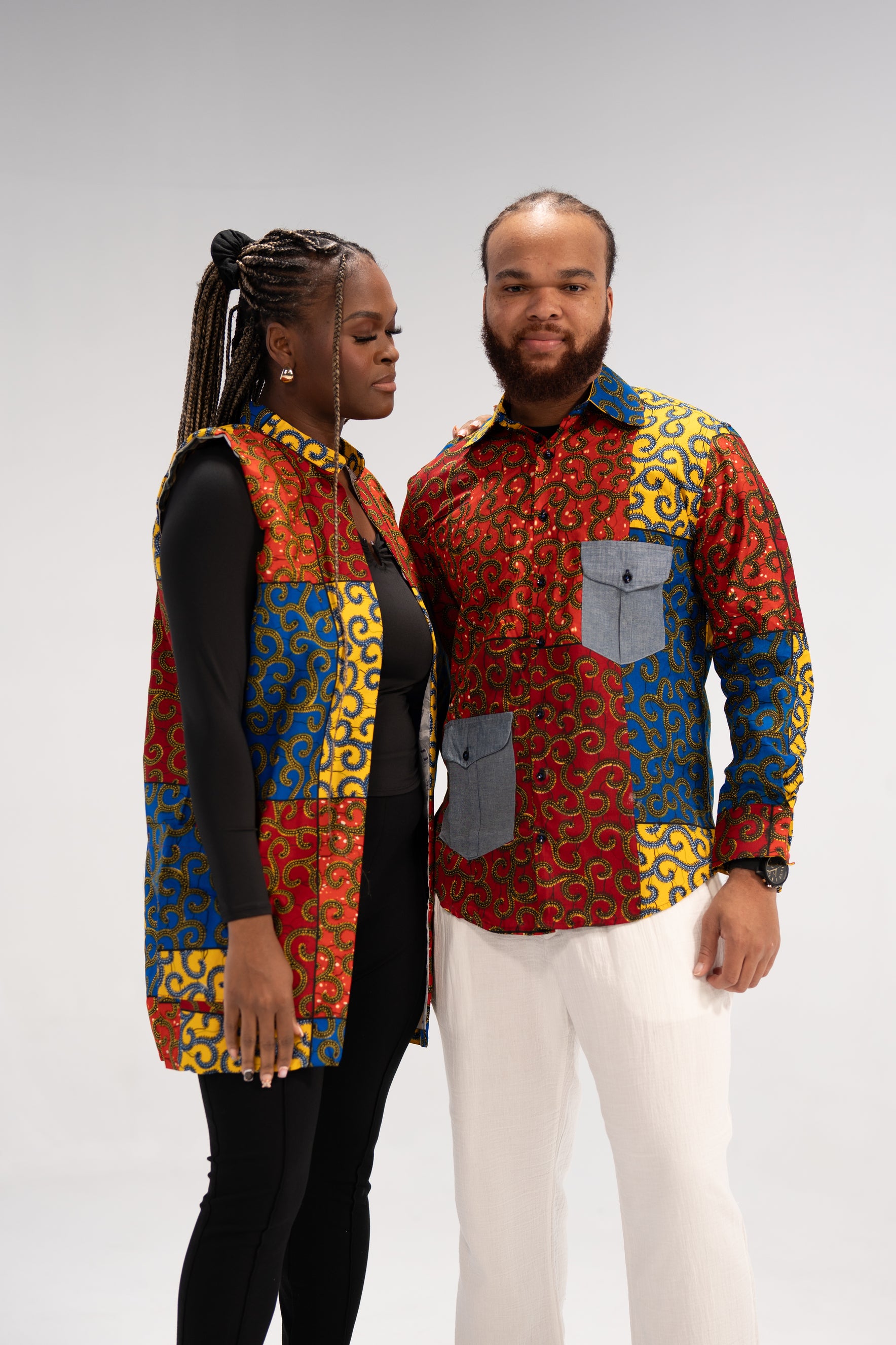 Idowu Men's African Print Button-Up Shirt (Print on Denim)