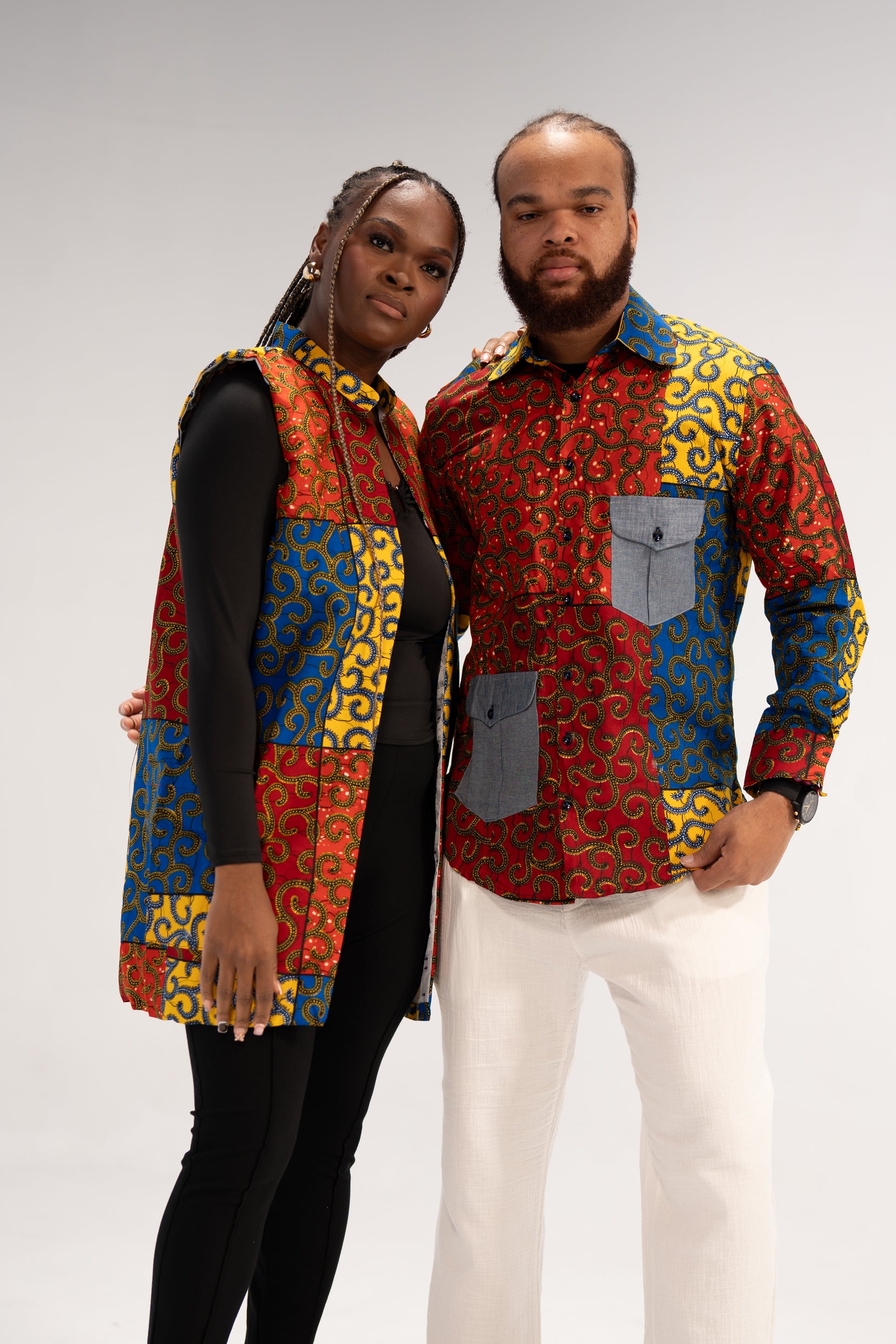 Idowu Men's African Print Button-Up Shirt (Print on Denim)