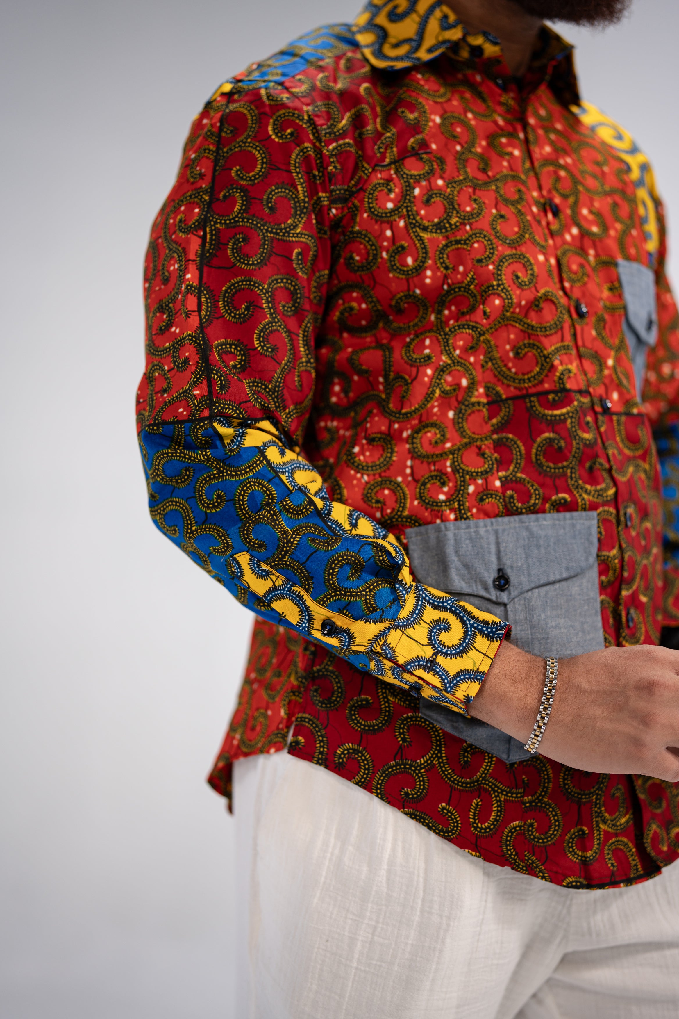 Idowu Men's African Print Button-Up Shirt (Print on Denim)