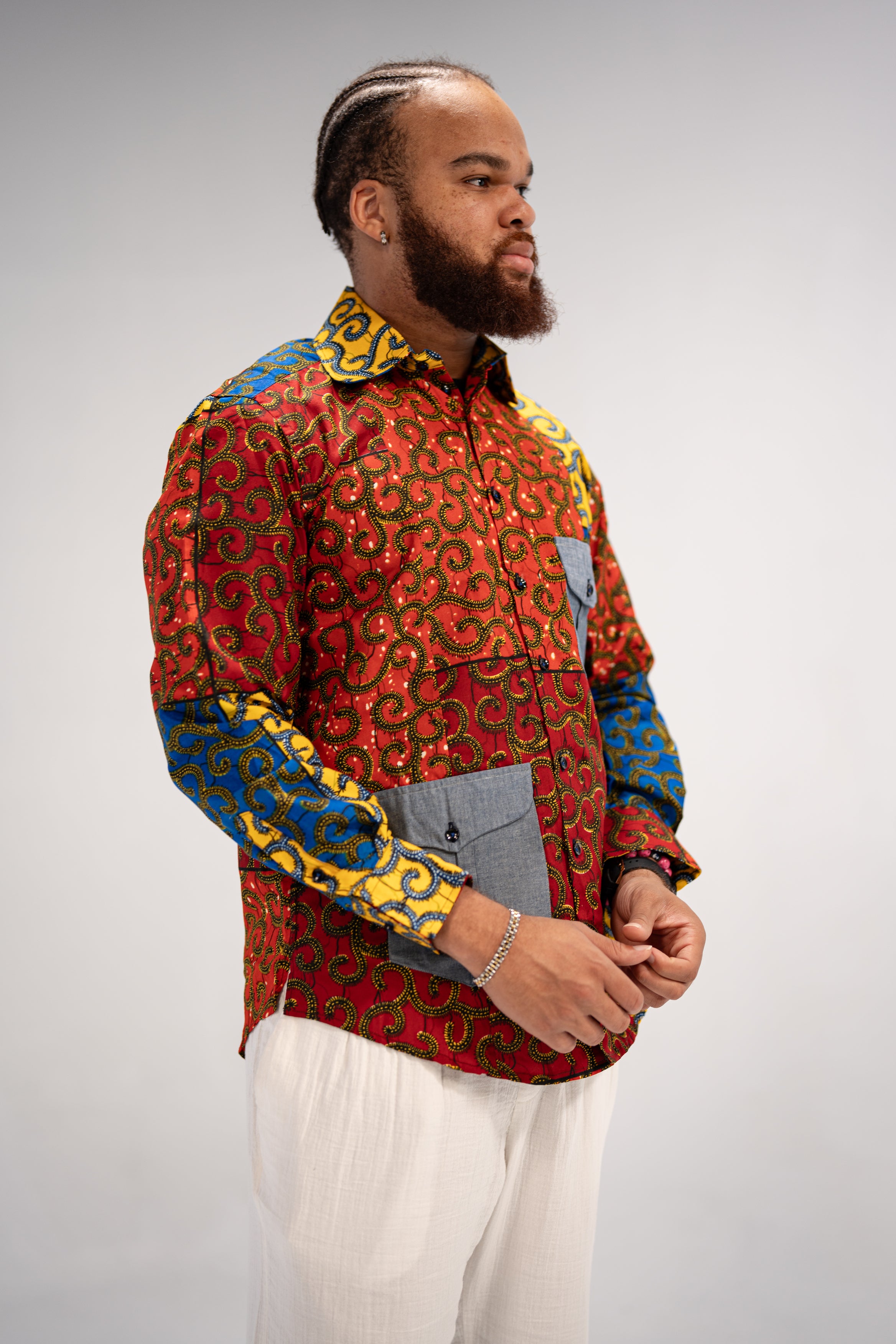 Idowu Men's African Print Button-Up Shirt (Print on Denim)