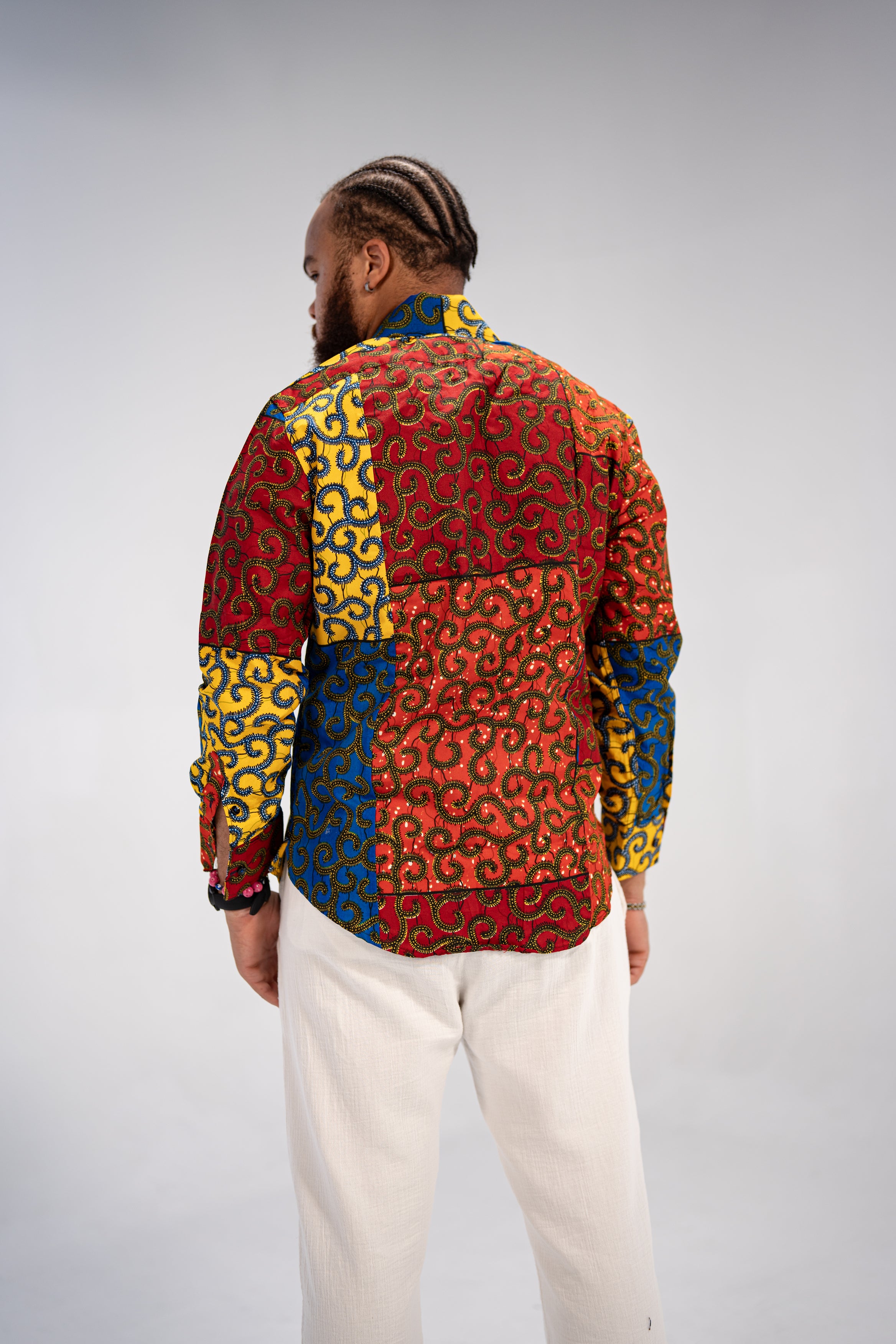 Idowu Men's African Print Button-Up Shirt (Print on Denim)