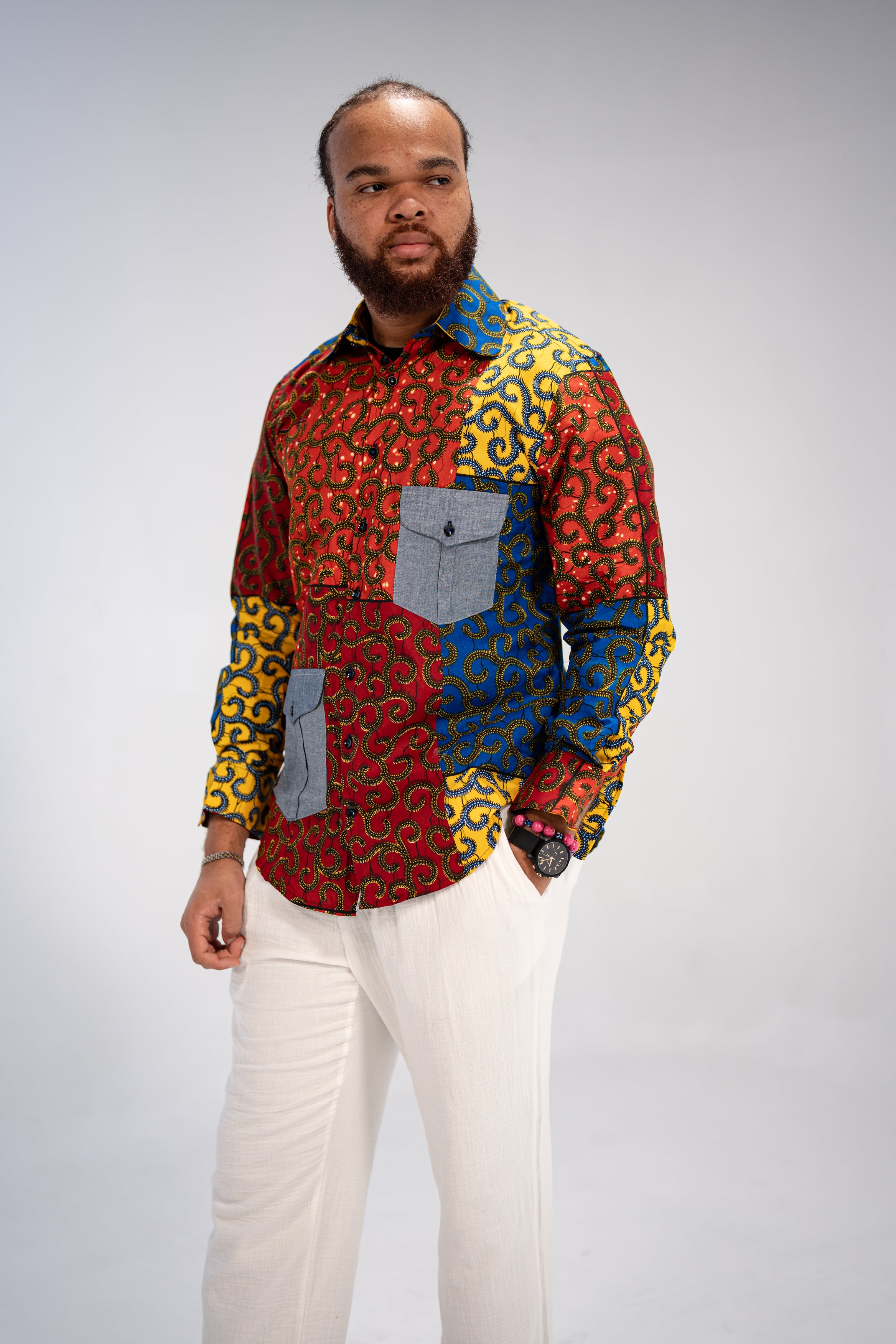 Idowu Men's African Print Button-Up Shirt (Print on Denim)