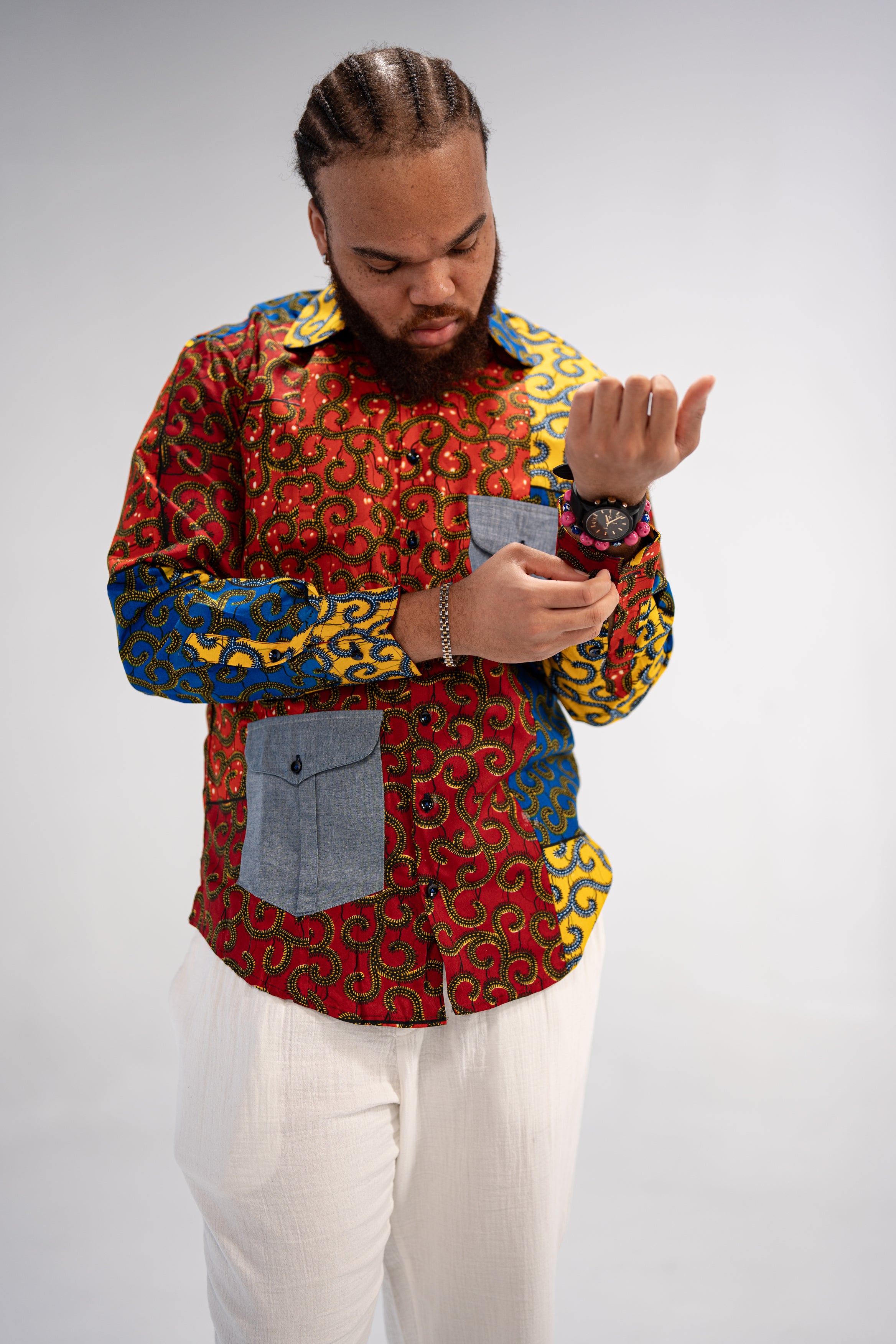 Idowu Men's African Print Button-Up Shirt (Print on Denim)