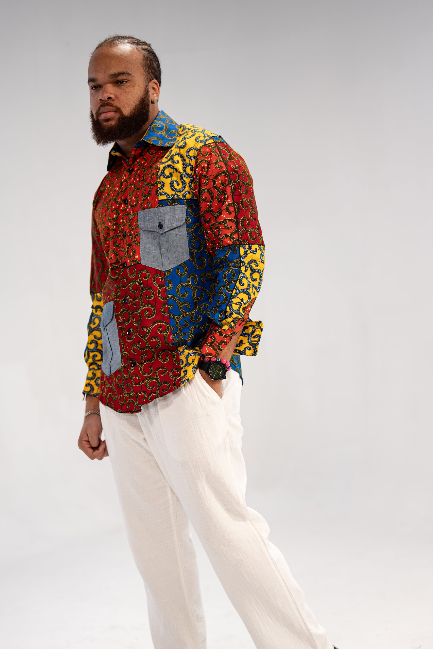 Idowu Men's African Print Button-Up Shirt (Print on Denim)